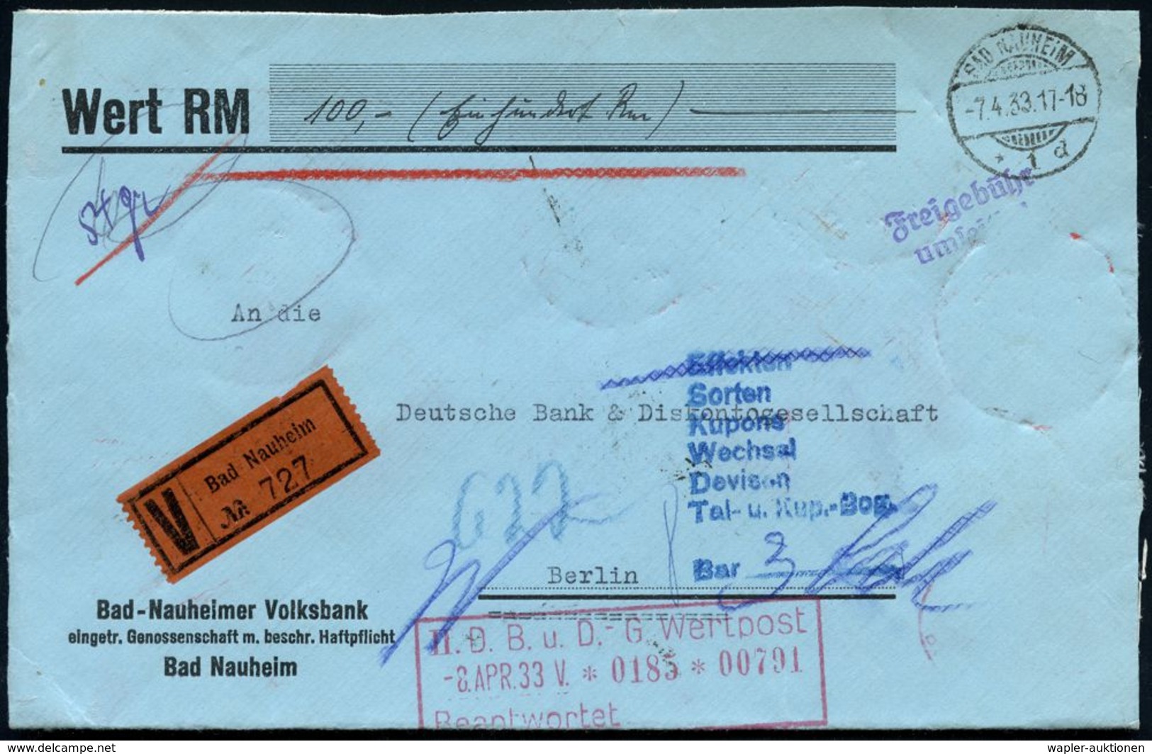 BANK / GELD : BAD NAUHEIM/ *1d 1933 (7.4.) 1K-Gitter + V-Zettel: Bad Nauheim + Rs. AFS: BAD NAUHEIM/Spare/bei Der/Bad Na - Ohne Zuordnung