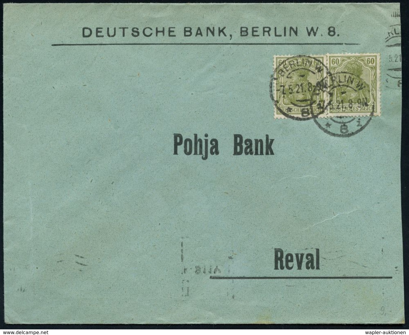 BANK / GELD : NERLIN W/ *8i 1921 (7.5.) 1K-Brücke 2x Auf 2x 60 Pf. Germania, Oliv , Ausl.-Firmen-Bf.: DEUTSCHE BANK.. N. - Unclassified