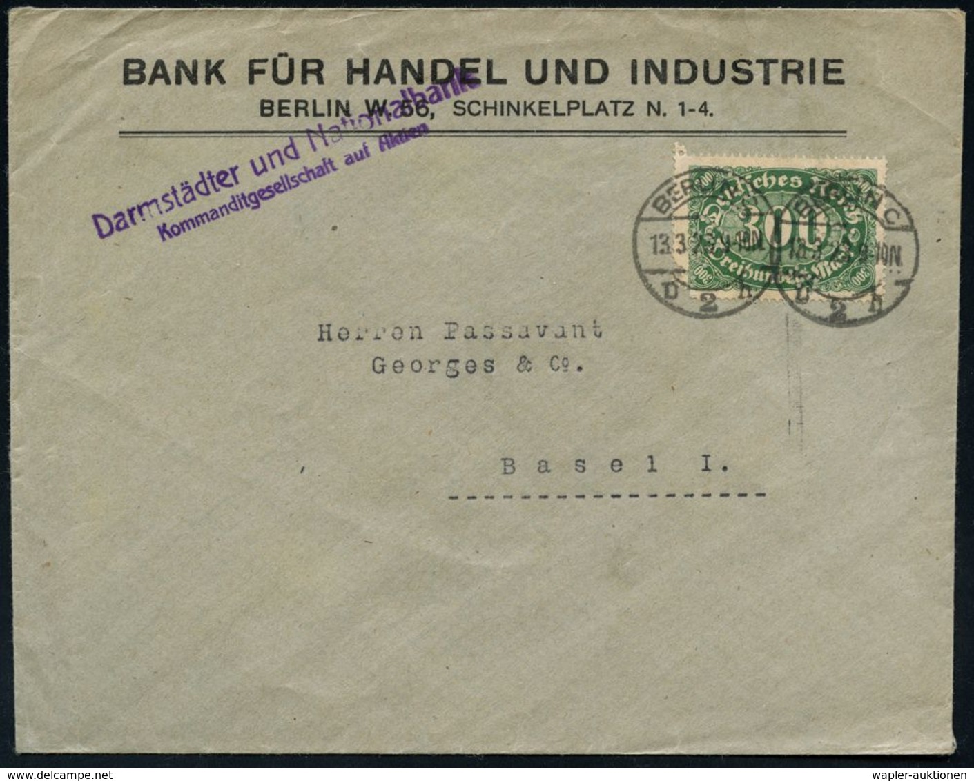 BANK / GELD : BERLIN C/ D 2 H 1923 (13.3.) 1K-Brücke Auf EF 300 Mk. Mit Firmenlochung: "B & H U. J" = B Ank Für Handel & - Ohne Zuordnung