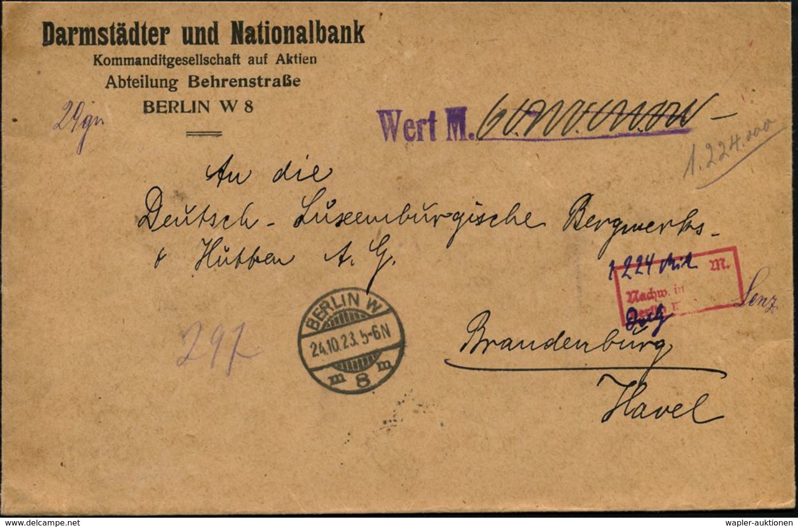 BANK / GELD : BERLIN W/ M 8 M 1923 (24.10.) 1K-Gitter + Roter Ra3: ...M./nachw. In/Berlin W.8 + Hs. "1224 Mill." + Hs. W - Unclassified