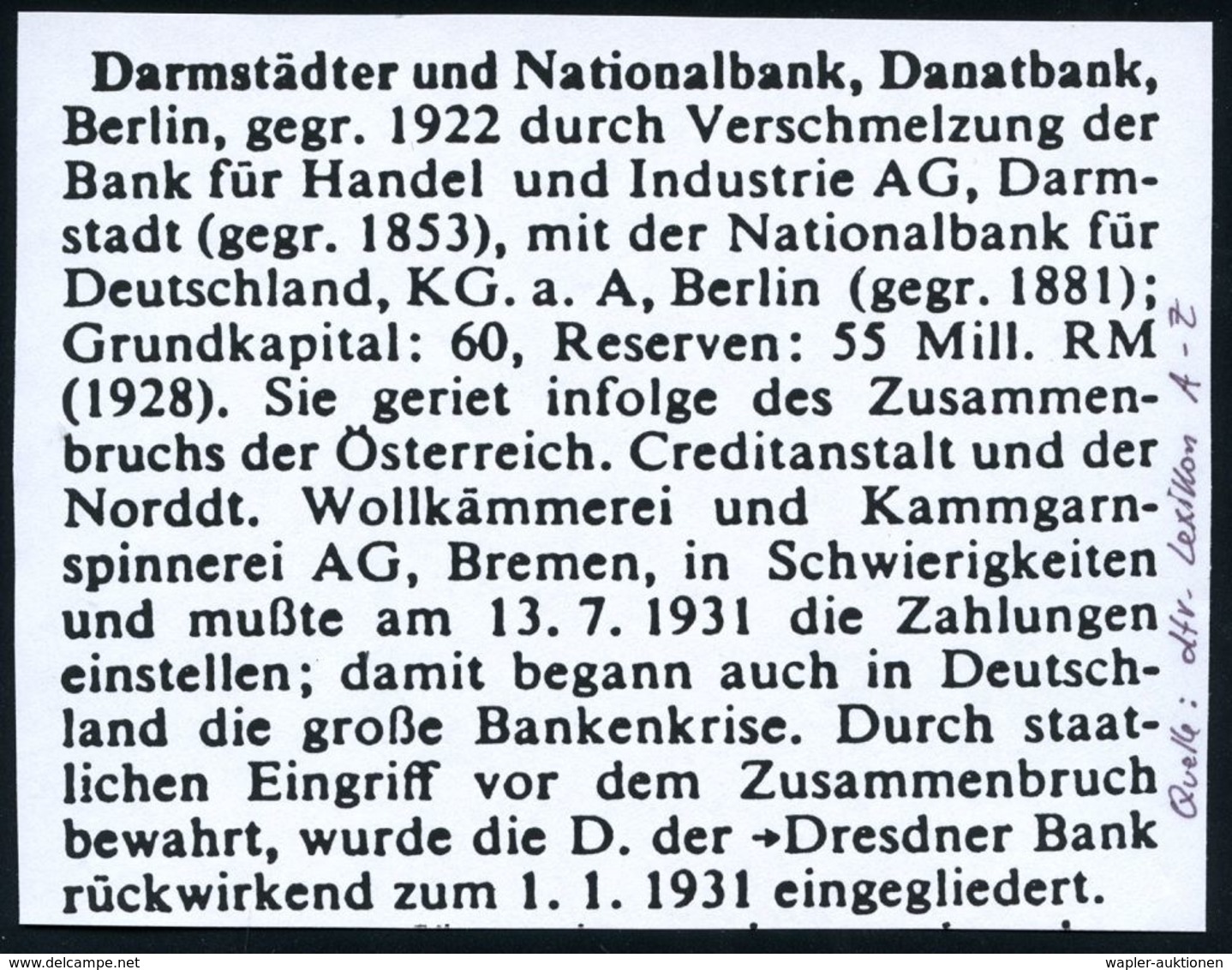 BANK / GELD : BERLIN W8/ DN/ Darmstädter U./ Nationalbank 1926 (5.7.) Seltener AFS-Typ "Urtype" , Fernbf., Die "Da-Nat"- - Ohne Zuordnung