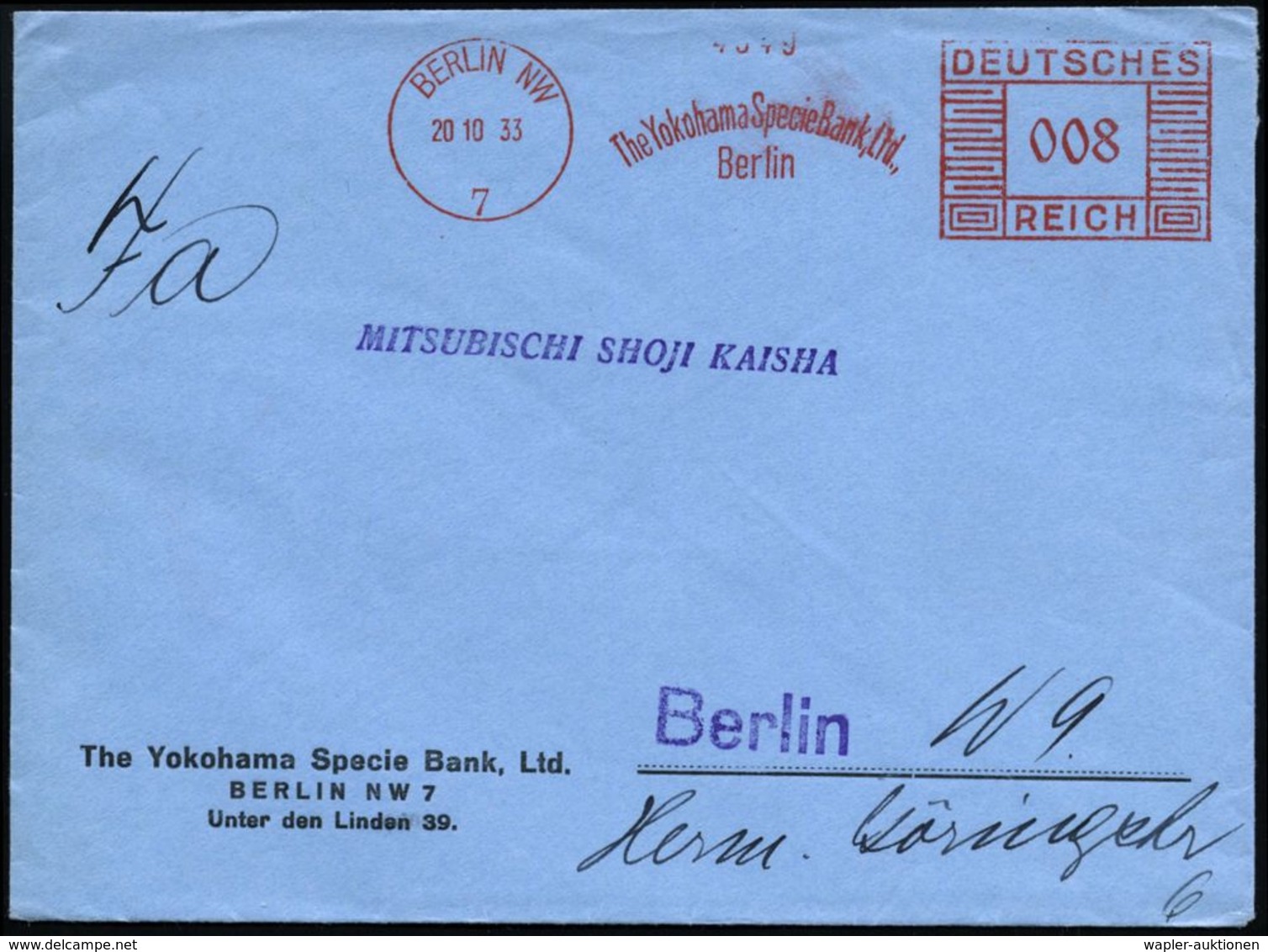 BANK / GELD : BERLIN NW/ 7/ The Yokohama Specie Bank, Ltd. 1933 (20.10) Seltener AFS (Japan Wurde Achsen-Partner!) Firme - Non Classés