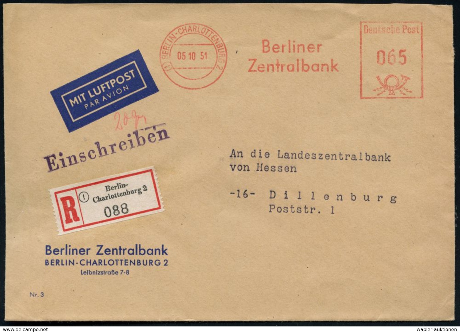 BANK / GELD : (1) BERLIN-CHARLOTTENBURG/ Berliner/ Zentralbank 1951 (5.10.) AFS 065 Pf. + RZ: (1) Berlin-/Charlottenburg - Non Classés