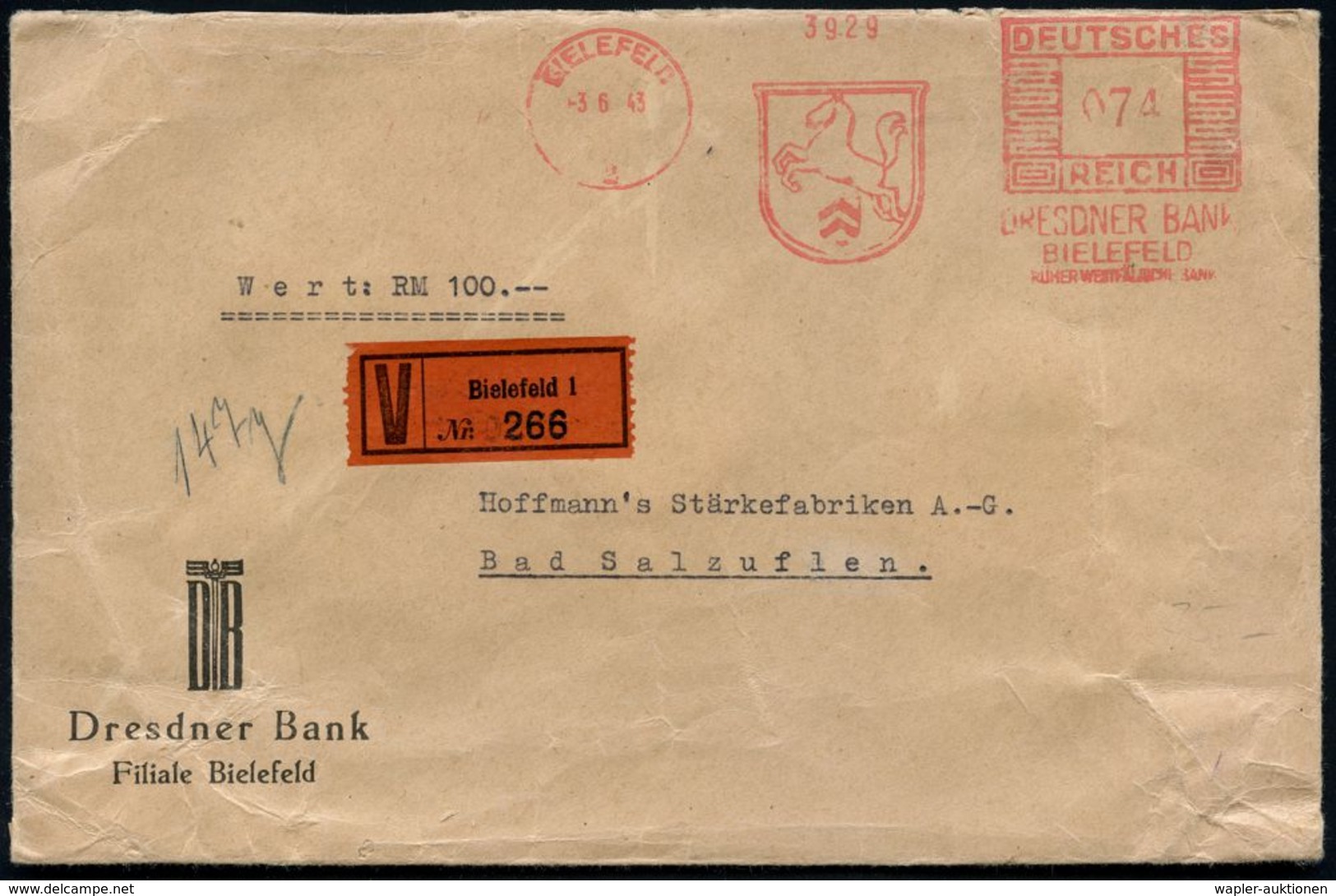 BANK / GELD : BIELEFELD/ 2/ DRESDNER BANK.. 1943 (3.6.) AFS 074 Pf. (Wappen Mit Pferd) + V-Zettel: Bielefeld 1 , Rs. 3 L - Ohne Zuordnung