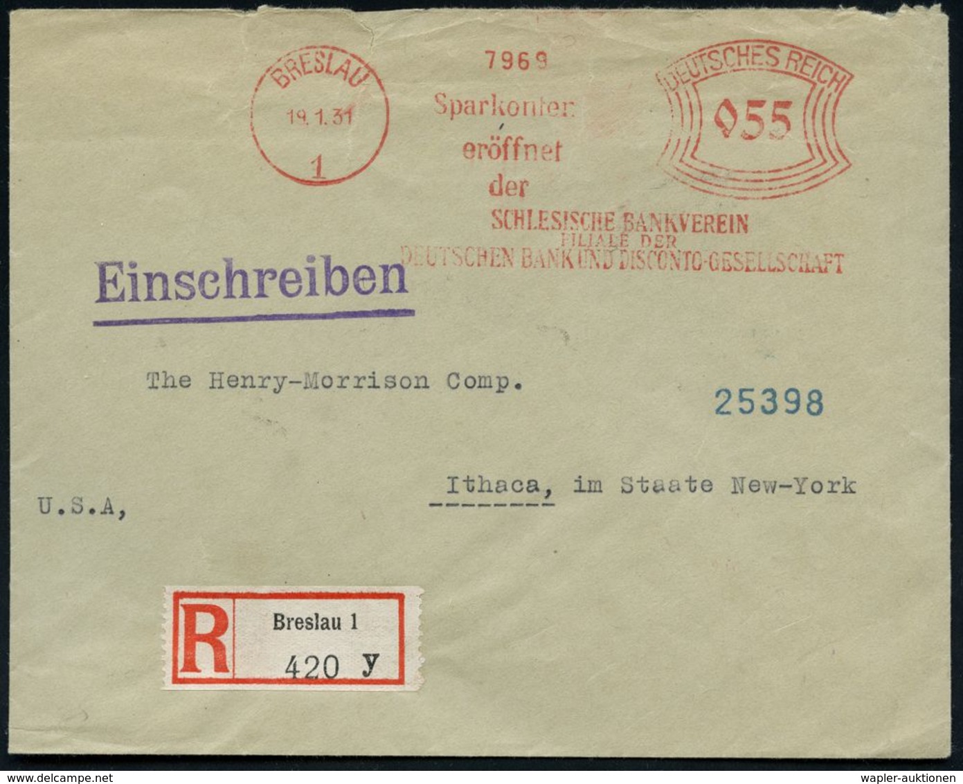 BANK / GELD : BRESLAU/ 1/ Sparkonten/ Eröffnet/ Der/ SCHLESISCHE BANKVEREIN.. 1931 (19.1.) AFS 055 Pf. + RZ: Breslau 1/y - Non Classés