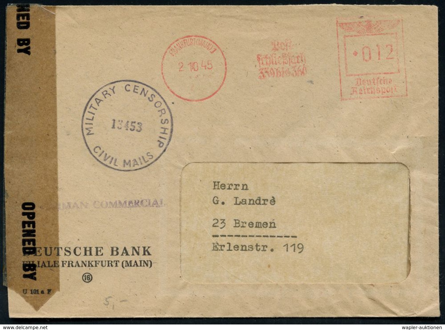 BANK / GELD : FRANKFURT (MAIN) 1/ Post-/ Schließfach/ 359 Bus 366 1945 (2.10.) Anonymisierter AFS "Reichsadler" Unveränd - Ohne Zuordnung