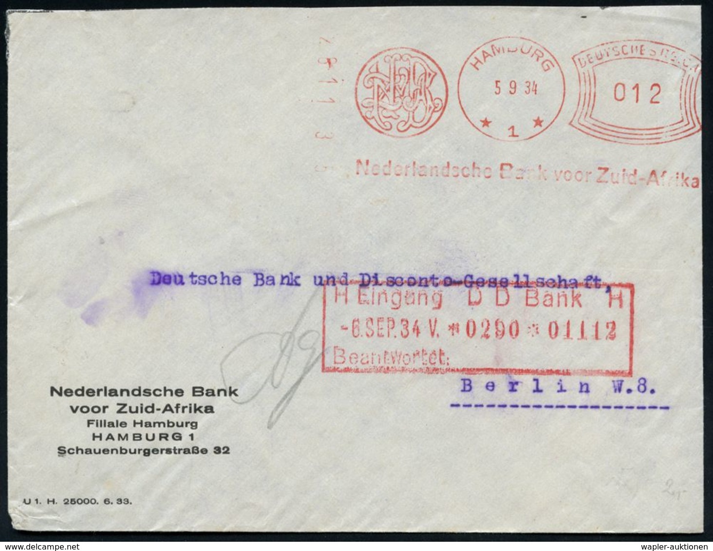 BANK / GELD : HAMBURG/ *1*/ Nederlandsche Bank Voor Zuid-Afrika 1934 (5.9.) Seltener AFS-Typ "Komusina" (Firmen-Monogram - Unclassified