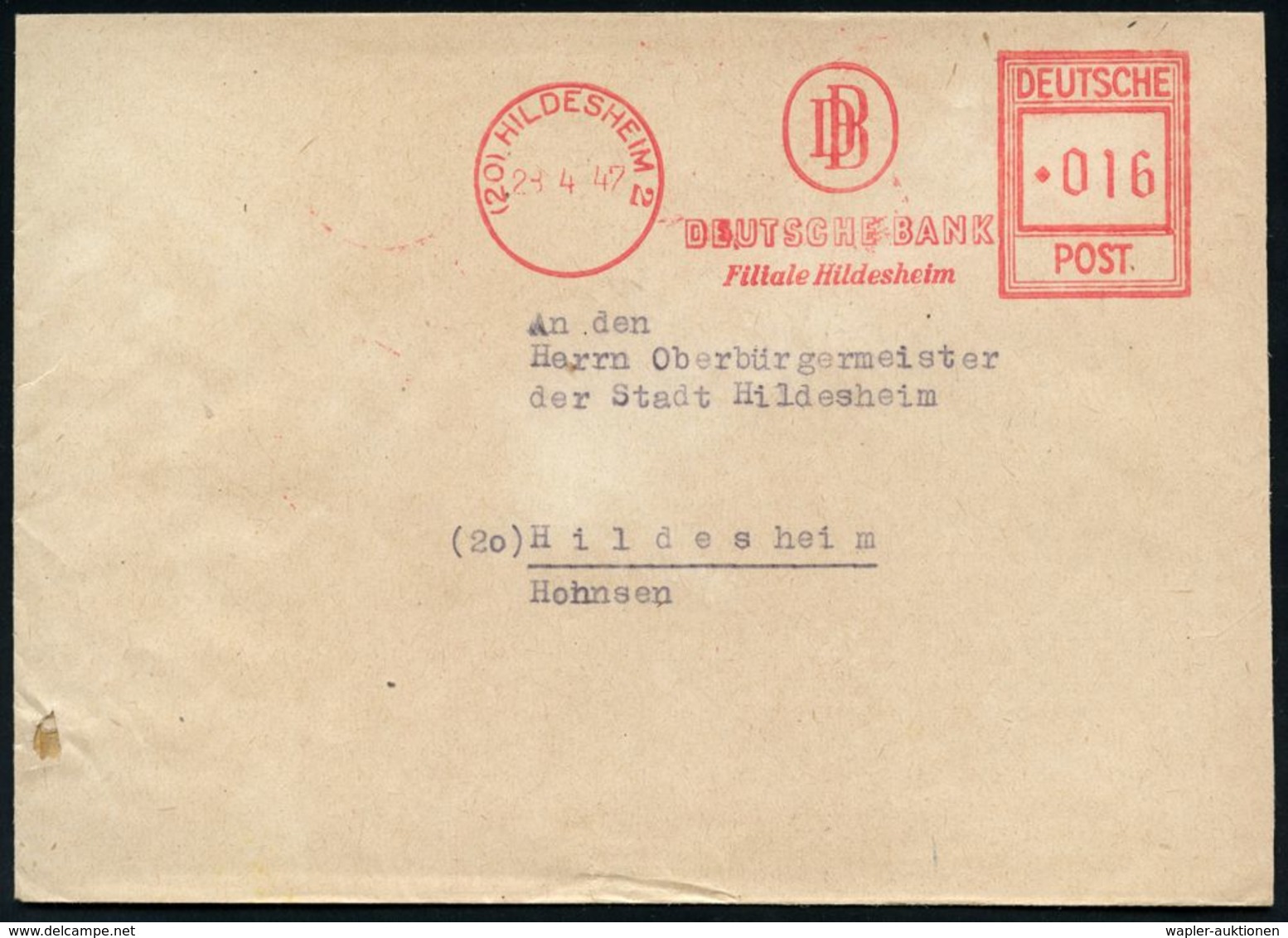 BANK / GELD : (20) HILDESHEIM 2/ DB/ DEUTSCHE BANK.. 1947 (28.4.) AFS Typ "Hochrechteck" (Monogr.Logo) Rs. Abs.-Vordr. ( - Non Classificati