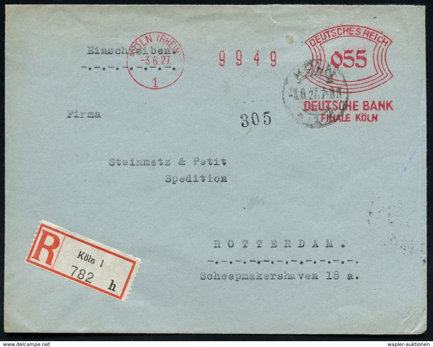BANK / GELD : KÖLN (RHEIN)/ 1/ DEUTSCHE BANK.. 1927 (3.6.) AFS 055 Pf. + RZ: Köln 1/h + Tagesstempel (Bf. Rs. Klappenriß - Ohne Zuordnung