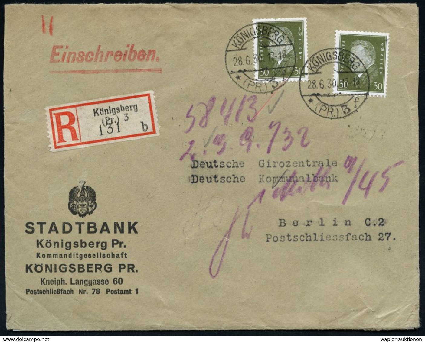 BANK / GELD : KÖNIGSBERG/ *(PR.) 3/ F 1930 (28.6.) 1K-Brücke 2x Auf 2x 30 Pf. Ebert Mit Firmenlochung: "ST / B" = ST (AD - Ohne Zuordnung