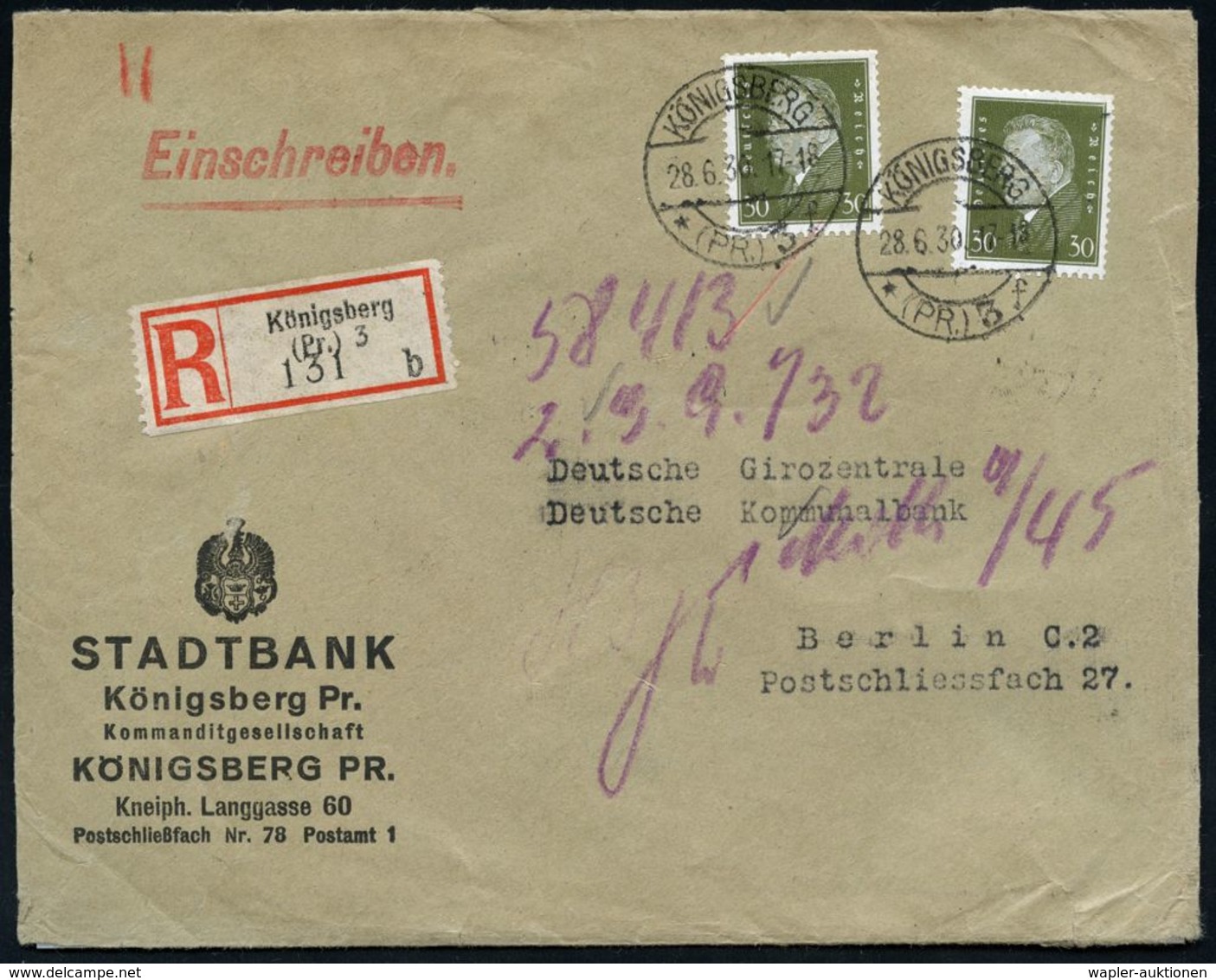 BANK / GELD : KÖNIGSBERG/ *(PR.) 3/ F 1930 (28.6.) 1K-Brücke 2x Auf 2x 30 Pf. Ebert Mit Firmenlochung: "ST / B" = ST (AD - Non Classés
