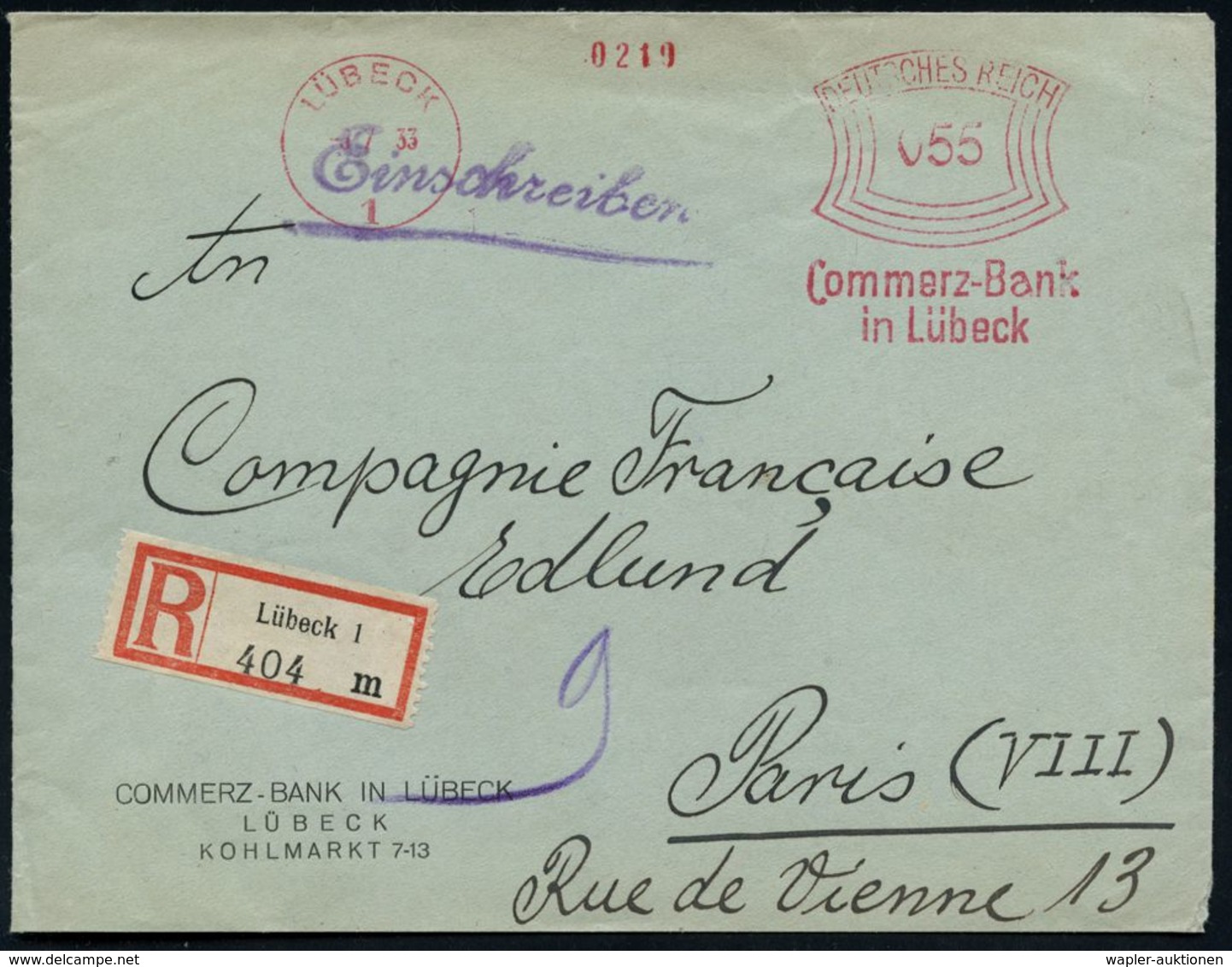 BANK / GELD : LÜBECK/ 1/ Commerz-Bank/ In Lübeck 1933 (3.7.) AFS 055 Pf. + RZ: Lübeck 1/m , Ausl.-R-Bf. N. Paris, Rs. AS - Ohne Zuordnung