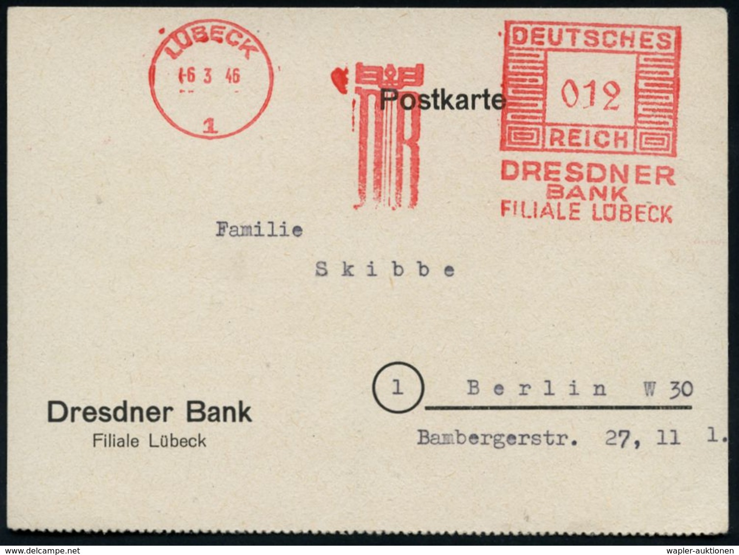 BANK / GELD : LÜBECK/ 1/ DB/ DRESDNER/ BANK.. 1946 (6.3.) AFS Mäanderrechteck "DEUTSCHES REICH" Unverändert Weiterverwen - Ohne Zuordnung