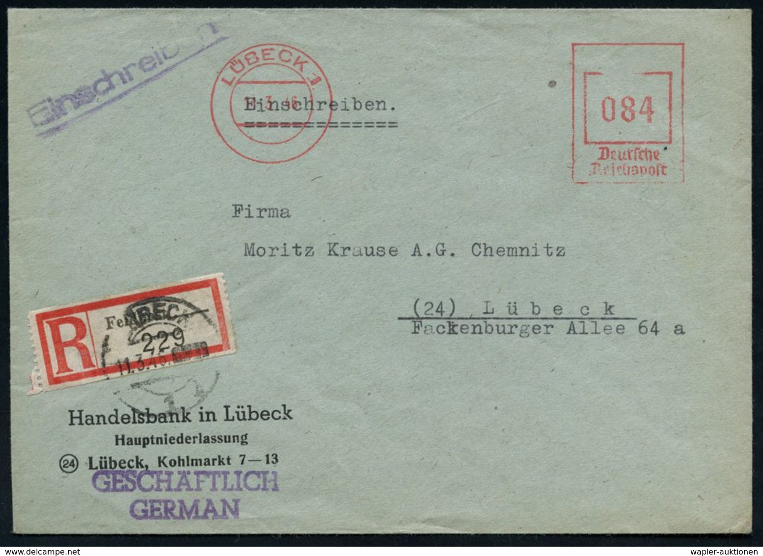 BANK / GELD : LÜBECK 1 1946 (11.3.) Aptierter AFS "Reichsadler" (Adler Entfernt): Deutsche/Reichspost  O H N E  Absender - Unclassified