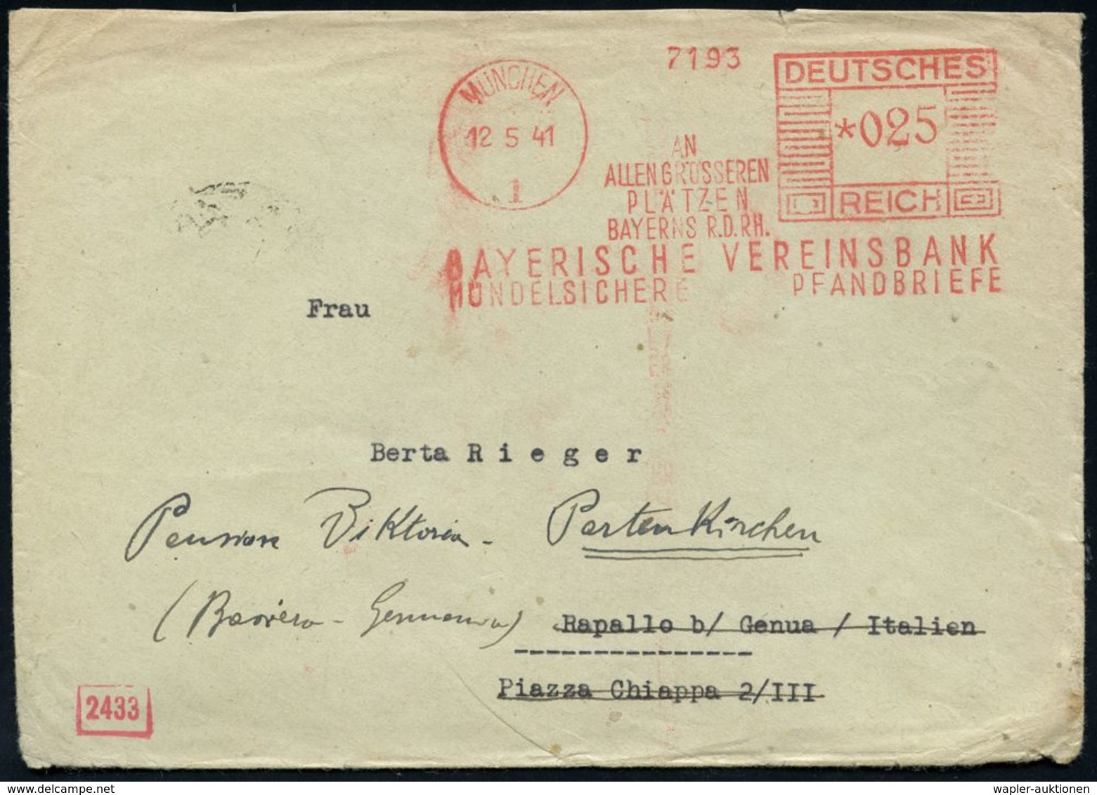 BANK / GELD : MÜNCHEN/ 1/ ..BAYERISCHE VEREINSBANK/ MÜNDELSICHER PFANDBRIEFE 1941 (12.5.) AFS 025 Pf. + Rs. OKW-Zensurst - Non Classés