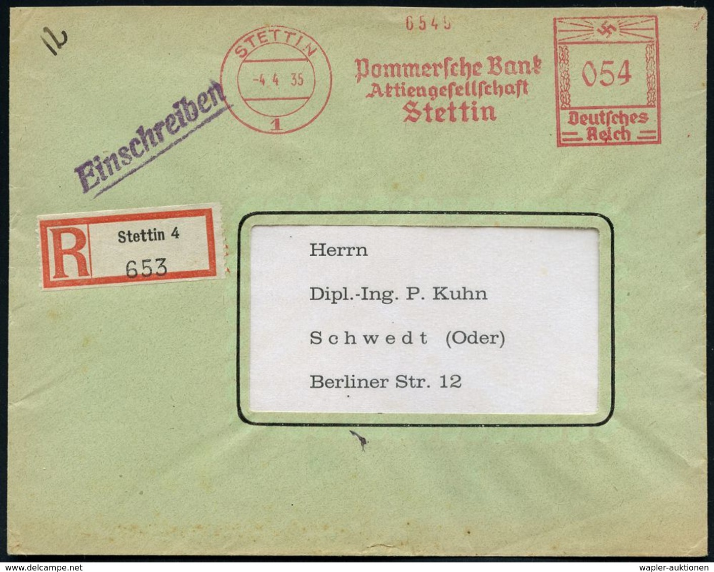 BANK / GELD : Stettin/ 1/ Pommersche Bank AG.. 1935 (4.4.) AFS 054 Pf. + RZ: Stettin 4 , Rs. Abs.-Vordruck + Stumme Sieg - Ohne Zuordnung