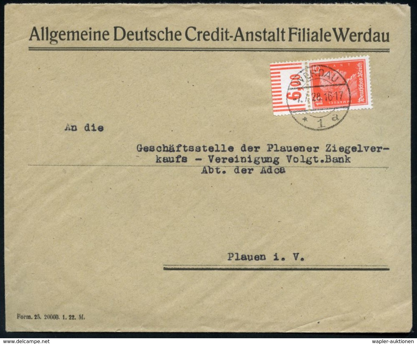 BANK / GELD : WERDAU/ *1a 1928 (7.7.) 1K-Brücke Auf EF 15 Pf. Kant, Firmen-Bf.: Allgem. Deutsche Credit-Anstalt Filie We - Ohne Zuordnung