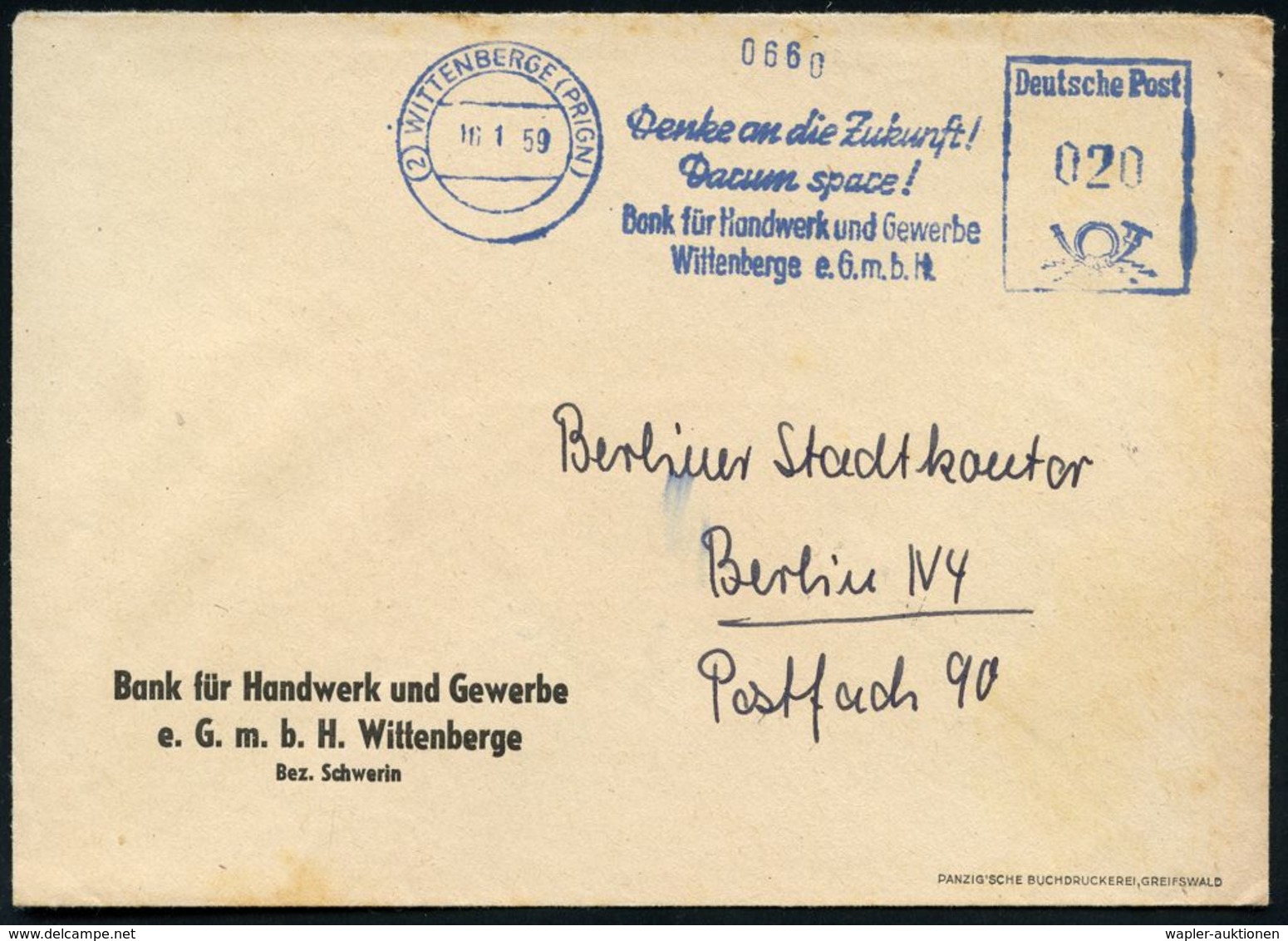 BANK / GELD : (2) WITTENBERGE (PRIGN)/ Denke An Die Zukunft!/ ..Bank Für Handwerk U. Gewerbe.. 1959 (16.1.) AFS Mit Spät - Ohne Zuordnung