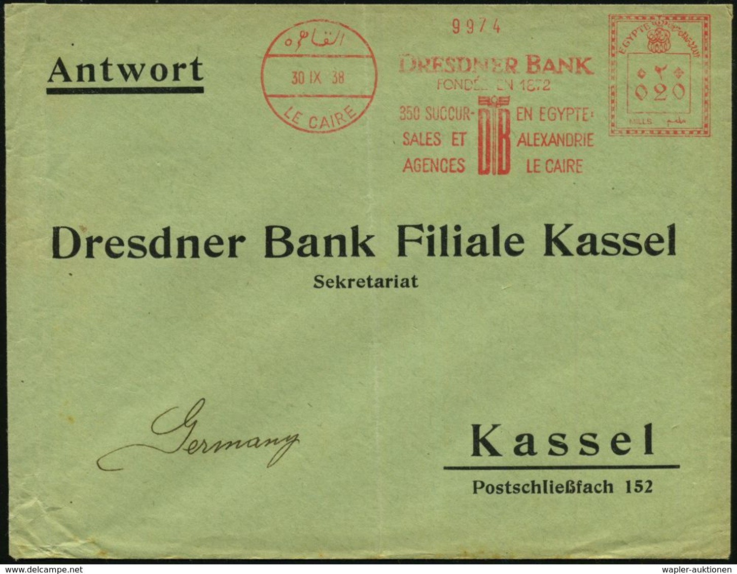 BANK / GELD : ÄGYPTEN 1938 (30.9.) Zweisprachiger AFS Francotyp: LE CAIRE/DRESDNER BANK..350 SUCCUR-/SALES ET/AGENCES..  - Ohne Zuordnung