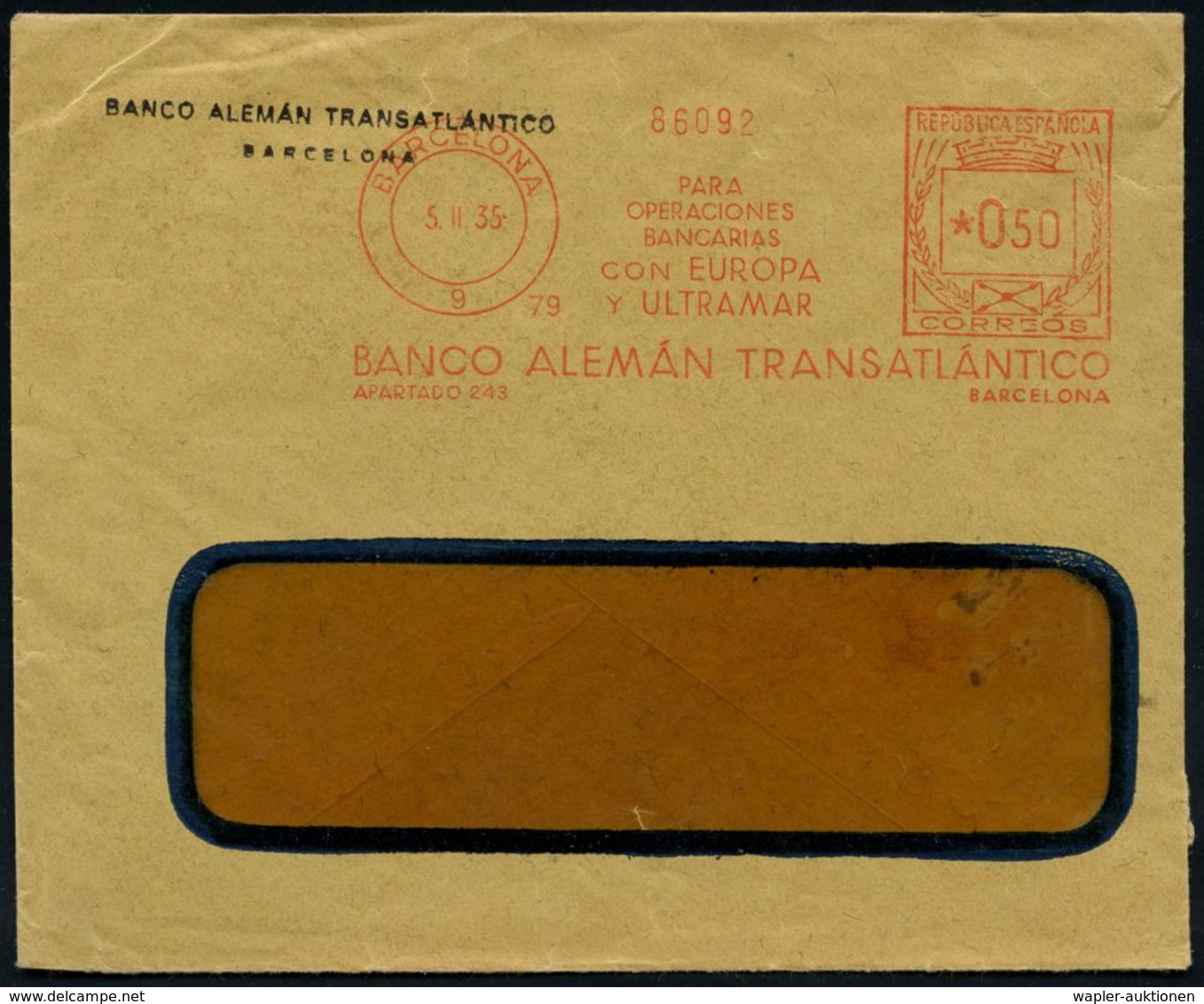 BANK / GELD : SPANIEN 1935 (5.2.) AFS.: BARCELONA/9/..BANCO ALEMAN TRANSATLANTICO.. = Deutsche Übersee-Bank (1887 In B.  - Ohne Zuordnung