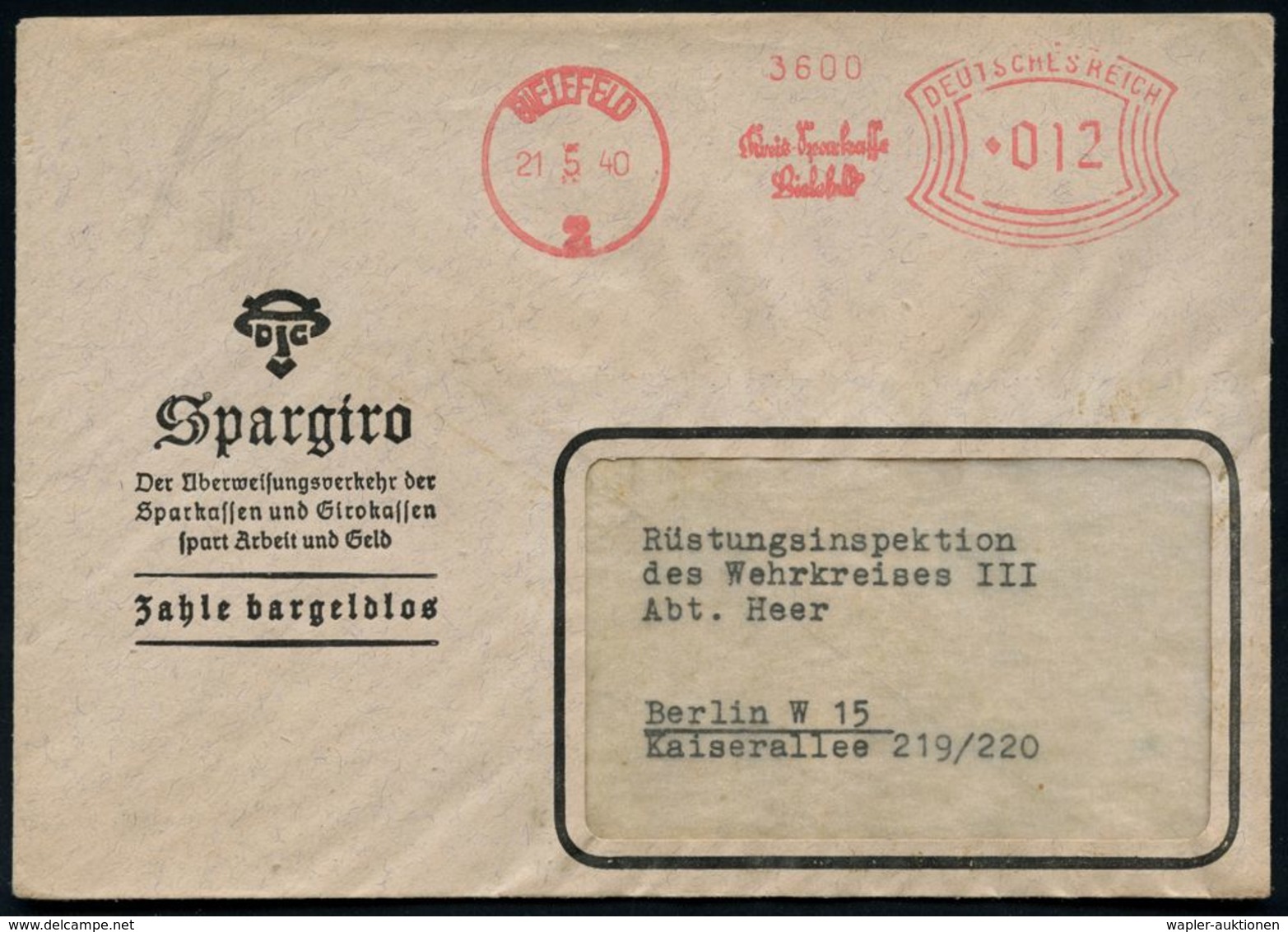 SPARKASSE / SPARBUCH : BIELEFELD/ 2/ Kreis-Sparkasse/ Bielefeld 1940 (21.5.) AFS  Auf Spargiro-Reklame-Bf.  (Dü.E-1AGh = - Ohne Zuordnung