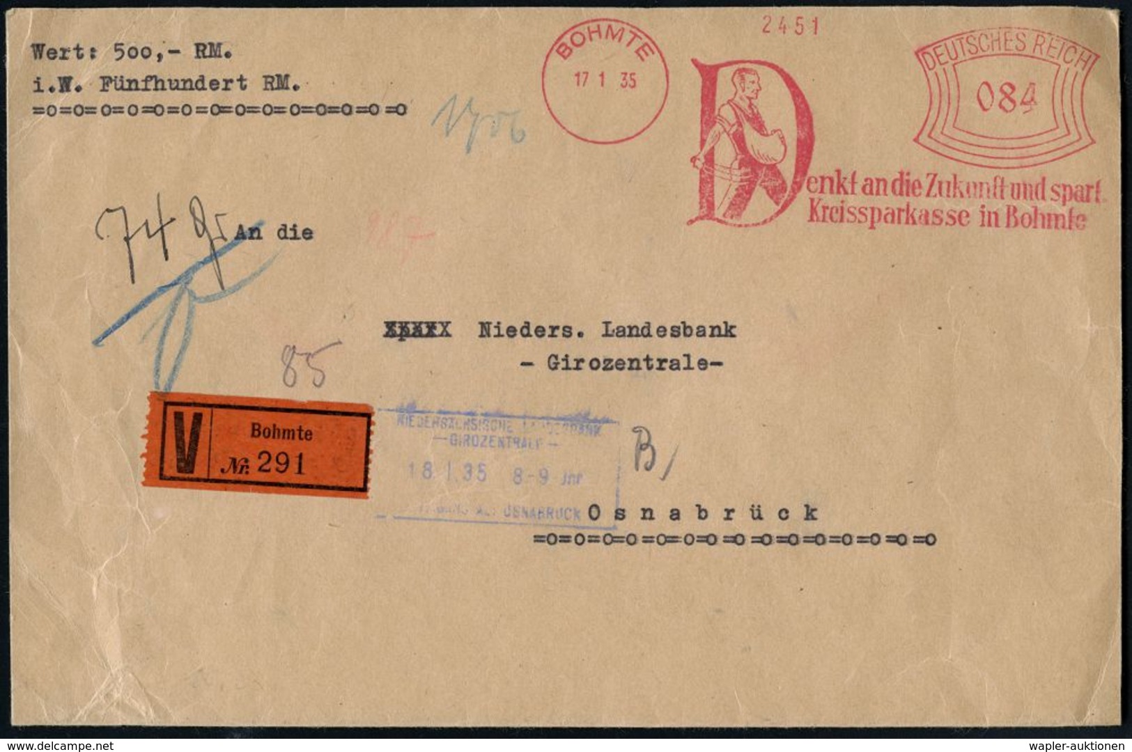 SPARKASSE / SPARBUCH : BOHMTE/ Denkt An Die Zukunft Und  Spart/ Kreissparkasse.. 1935 (17.1.) AFS 084 Pf. (säender Bauer - Unclassified