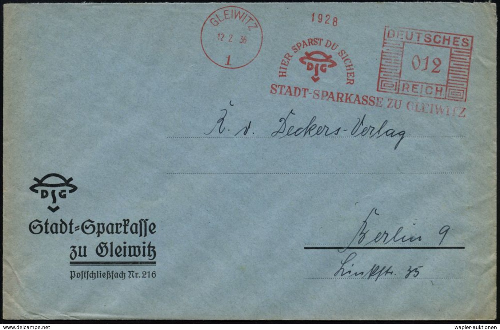 SPARKASSE / SPARBUCH : GLEIWITZ/ 1/ HIER SPARST DU SICHER/ STADT-SPARKASSE ZU GLEIWITZ 1936 (12.2.) AFS = Monogr.-Merkur - Ohne Zuordnung