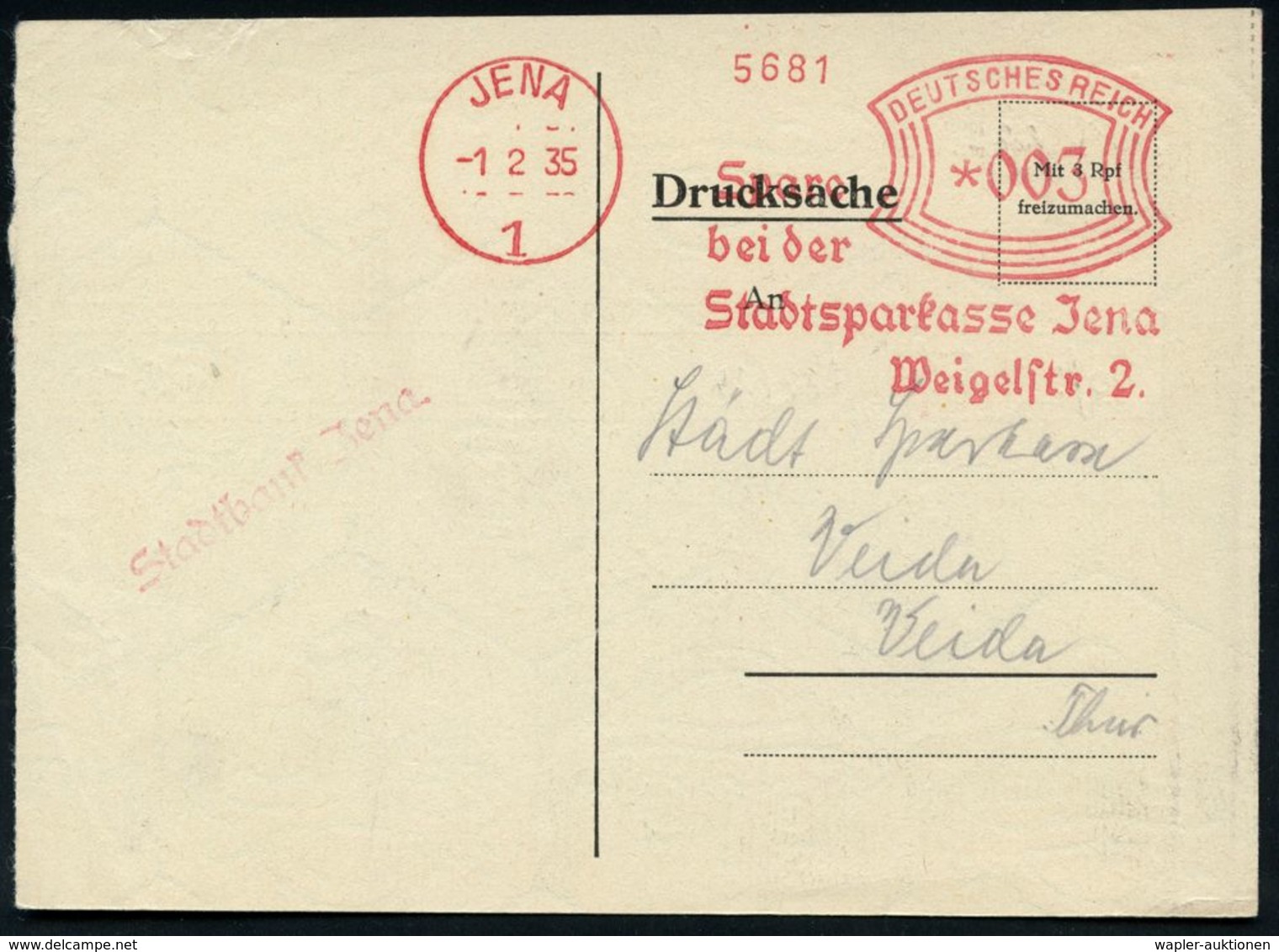 SPARKASSE / SPARBUCH : JENA/ 1/ Spare/ Bei Der/ Stadtsparkasse.. 1935 (1.2.) AFS , Firmen--Kt. über Scheck-Behandlung (D - Ohne Zuordnung