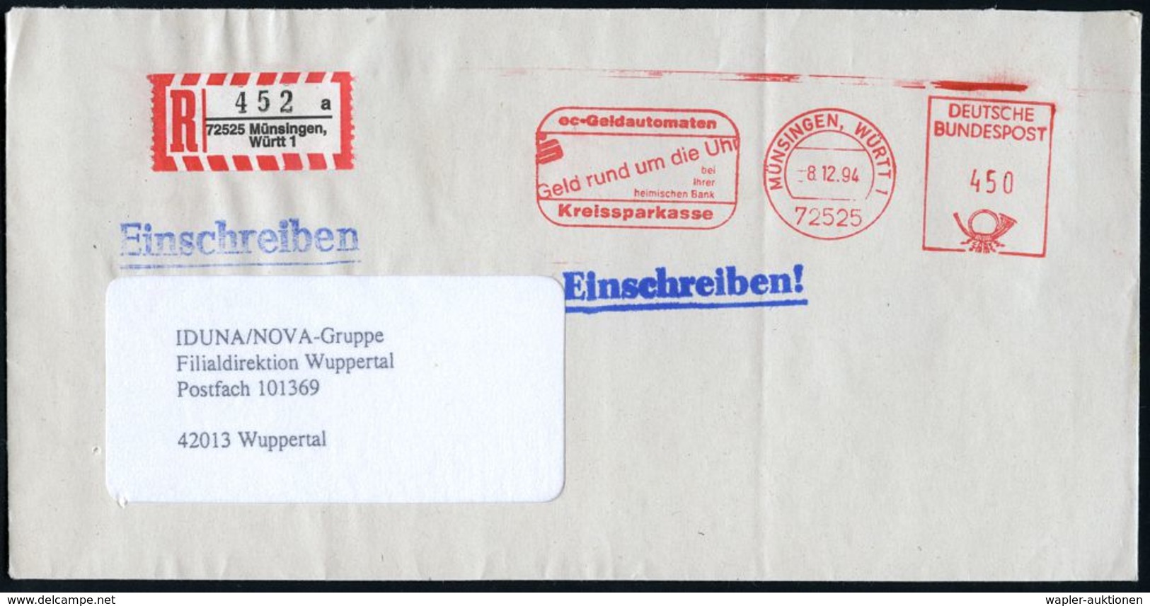 SPARKASSE / SPARBUCH : 72525 MÜNSINGEN,WÜRTT 1/ Ec-Geldautomaten../ Kreissparkasse 1994 (8.12.) AFS 450 Pf. + RZ: 72525  - Non Classés