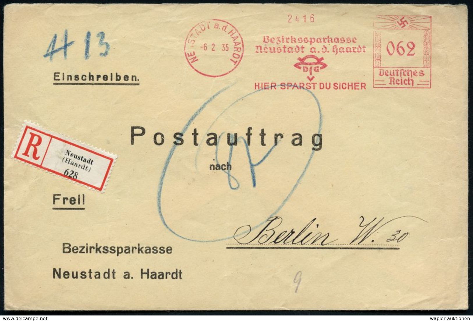 SPARKASSE / SPARBUCH : NEUSTADT A.d.HAARDT/ Bezirkssparkasse/ Neustadt.. 1935 (6.2.) AFS 062 Pf. + Bayer. RZ: Neustadt/( - Unclassified
