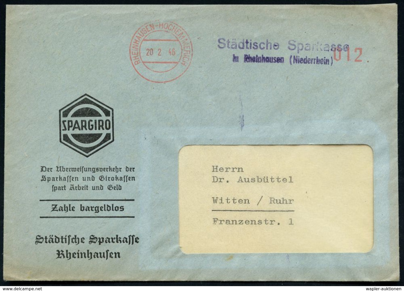 SPARKASSE / SPARBUCH : RHEINHAUSEN-HOCHEMMERICH/ Städtische Sparkasse.. 1946 (20.2.) Total Aptierter AFS Francotyp Ohne  - Ohne Zuordnung