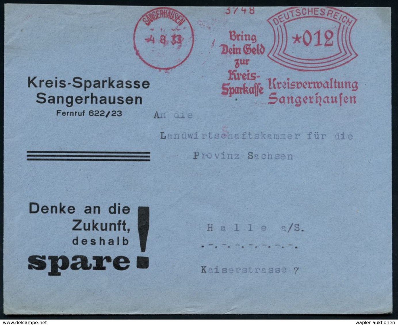 SPARKASSE / SPARBUCH : SANGERHAUSEN/ Bring/ Dein Geld/ Zur/ Kreis-/ Sparkasse/ Kreisverwaltung.. 1933 (4.8.) AFS Auf Spa - Unclassified