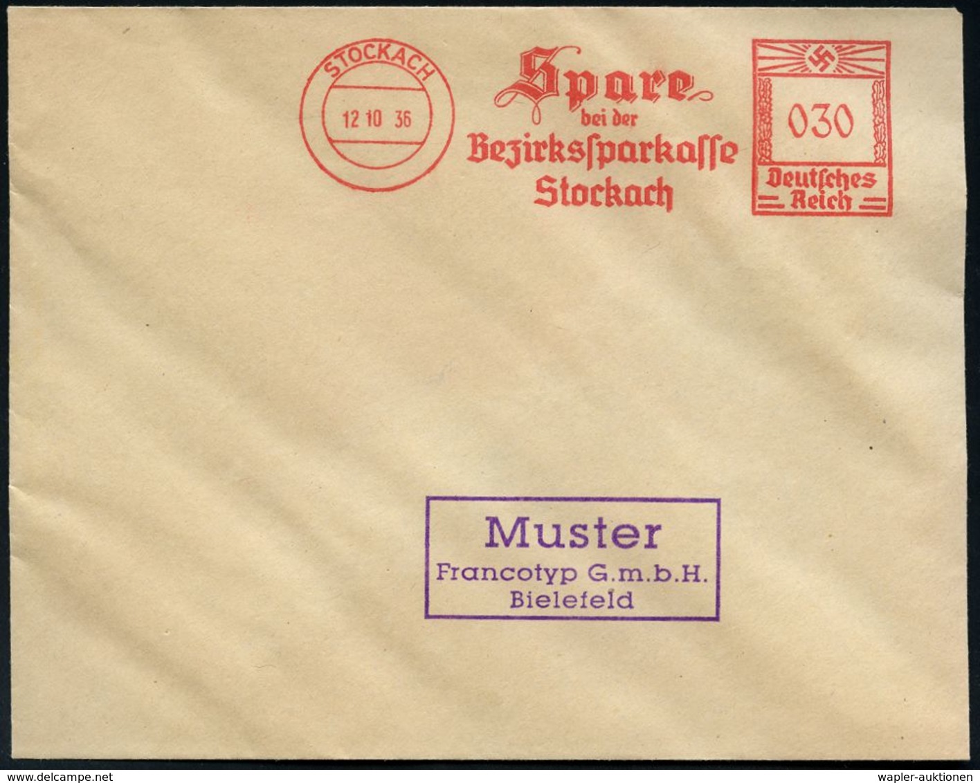 SPARKASSE / SPARBUCH : STOCKACH/ Spare/ Bei Der/ Bezirkssparkasse/ Stockach 1938 (12.10.) AFS Francotyp Archiv-Muster 03 - Ohne Zuordnung