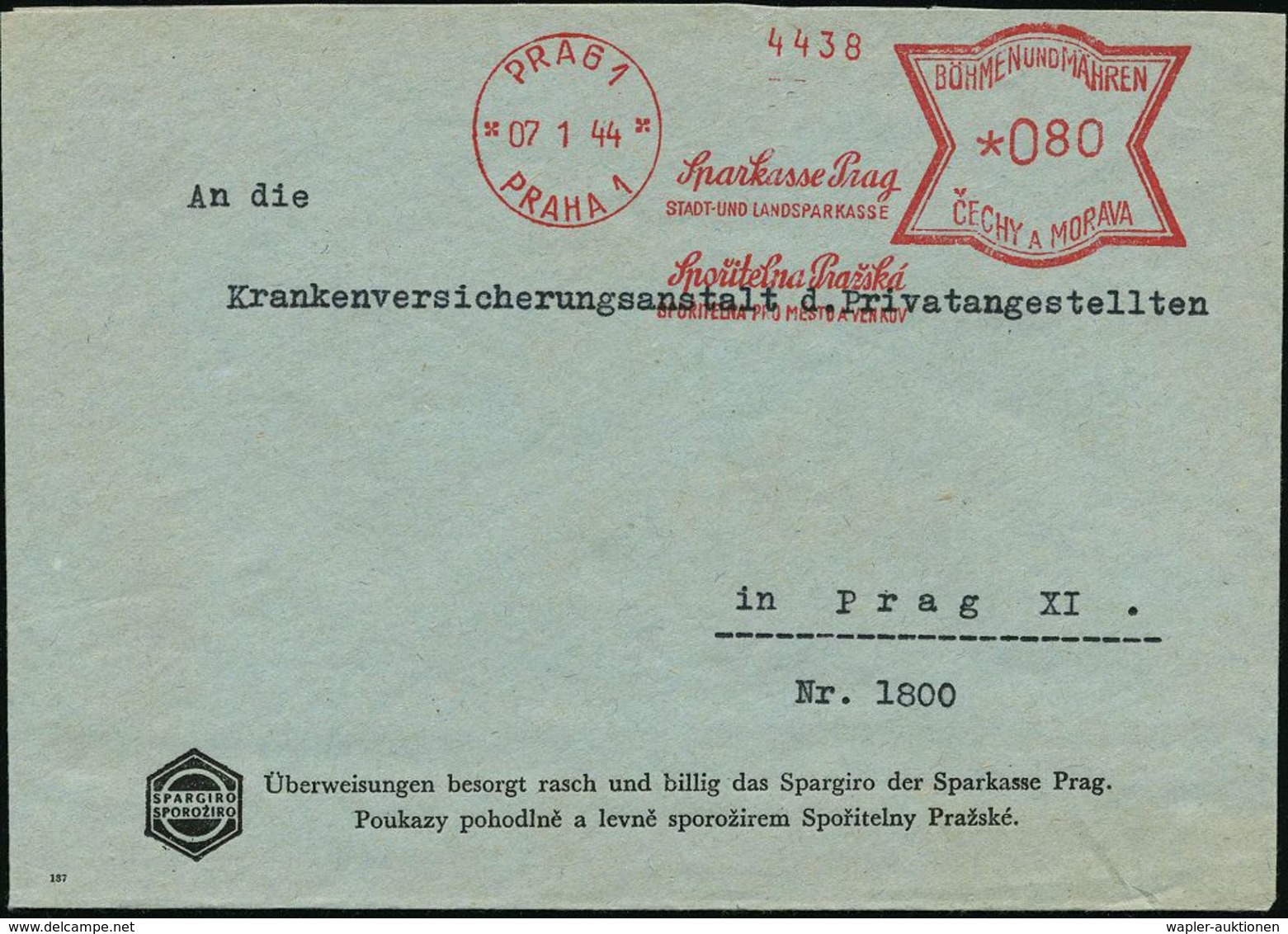 SPARKASSE / SPARBUCH : BÖHMEN & MÄHREN 1944 (7.1.) AFS: PRAG 1/PRAHA 1/Sparkasse Prag/STADT-U.LANDSPARKASSE.. (zweisprac - Non Classificati