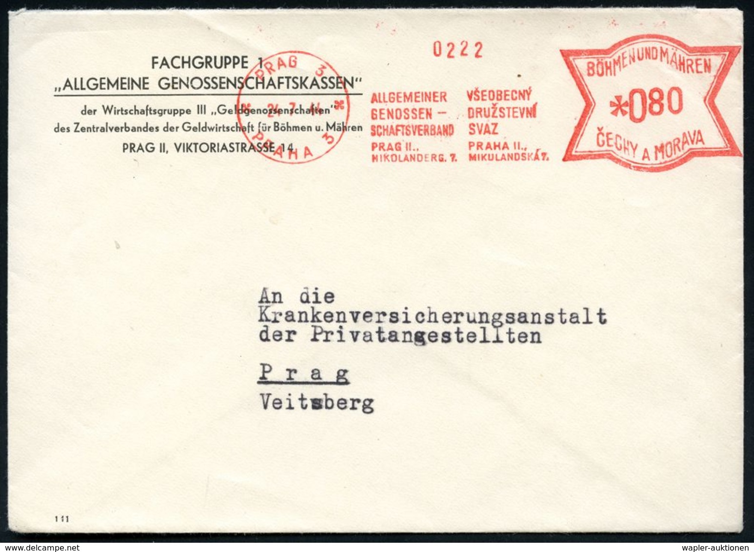 SPARKASSE / SPARBUCH : BÖHMEN & MÄREN 1944 (24.7.) AFS: PRAG 3/PRAHA 3/ALLGEM./GENOSSEN-/SCHAFTSVERBAND/PRAG II.. (zweis - Ohne Zuordnung