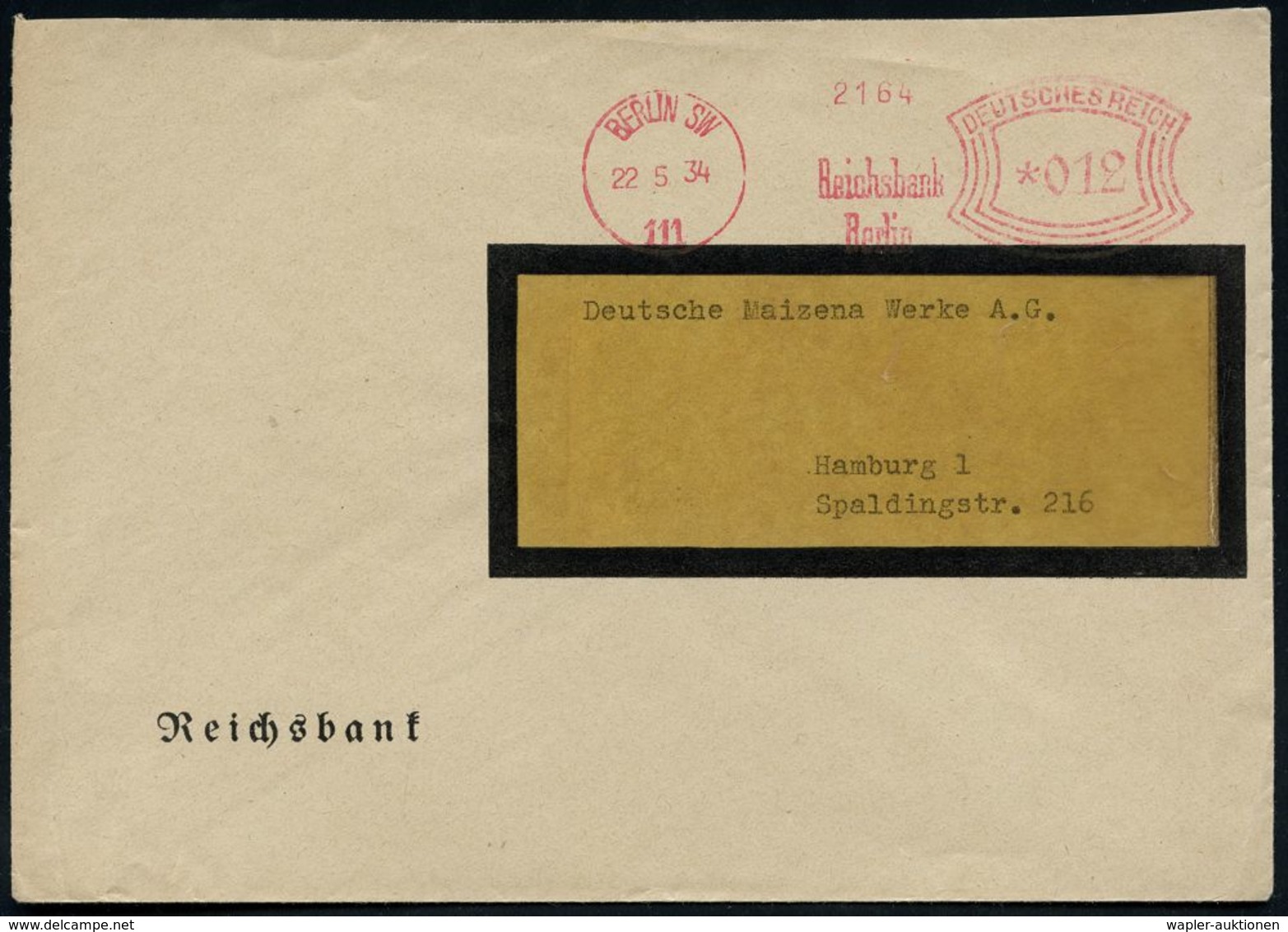 STAATSBANKEN / REICHSBANK / BUNDESBANK : BERLIN SW/ 111/ Reichsbank/ Berlin 1934 (22.5.) AFS = Hauspostamt Reichsbank Kl - Non Classés