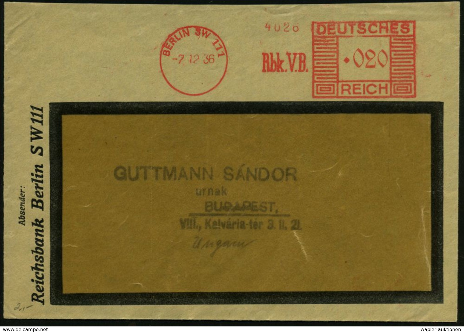 STAATSBANKEN / REICHSBANK / BUNDESBANK : BERLIN SW 111/ Rbk.V.B. 1936 (7.12.) AFS "Mäanderrechteck" = Hauspostamt Der Re - Ohne Zuordnung