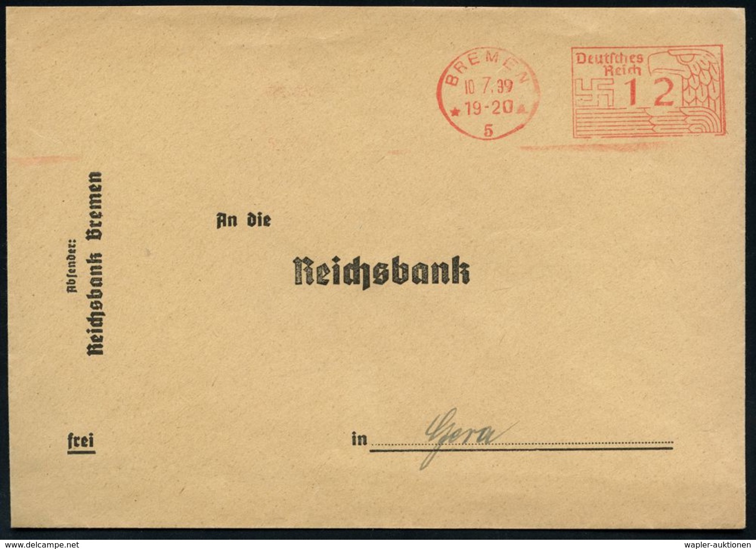 STAATSBANKEN / REICHSBANK / BUNDESBANK : BREMEN/ *5A/ Deutsches/ Reich 1939 (10.7.) PFS 12 Pf. Hakenkreuz/Adler = Briefp - Non Classés