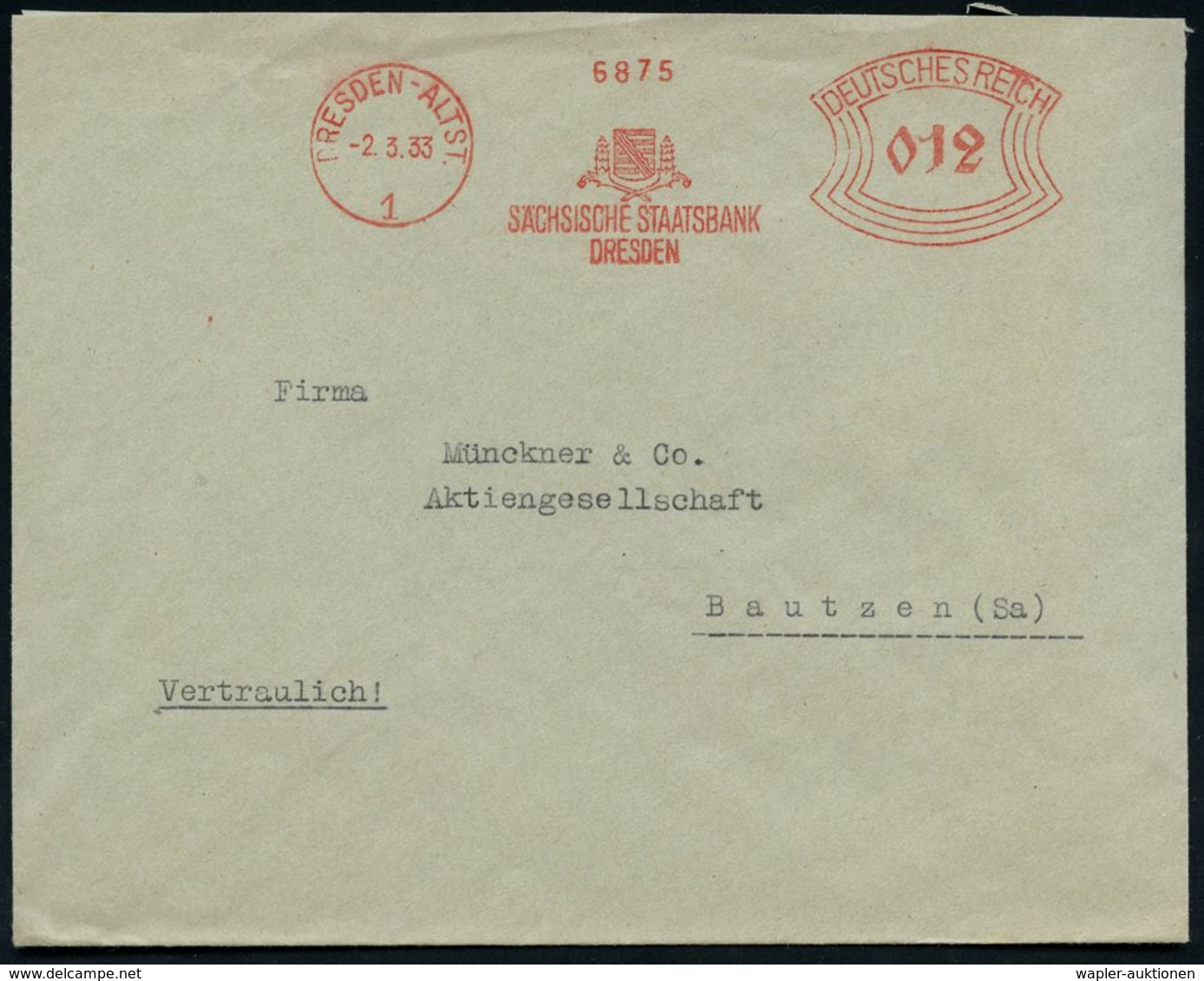 STAATSBANKEN / REICHSBANK / BUNDESBANK : DRESDEN-ALTST./ 1/ SÄCHSISCHE STAATSBANK 1933 (2.3.) AFS (Länderwappen) = Vor D - Non Classés