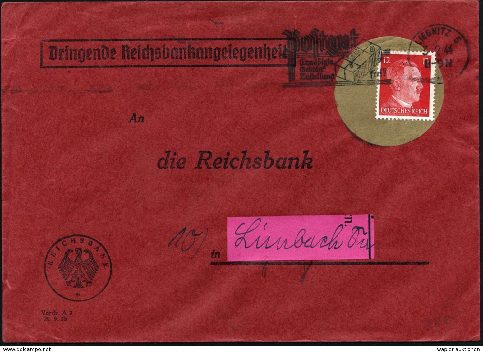 STAATSBANKEN / REICHSBANK / BUNDESBANK : Liegnitz 1944 (3.2.) Roter Dienst-Bf.: Dringende Reichsbankangelegenheit, /REIC - Ohne Zuordnung