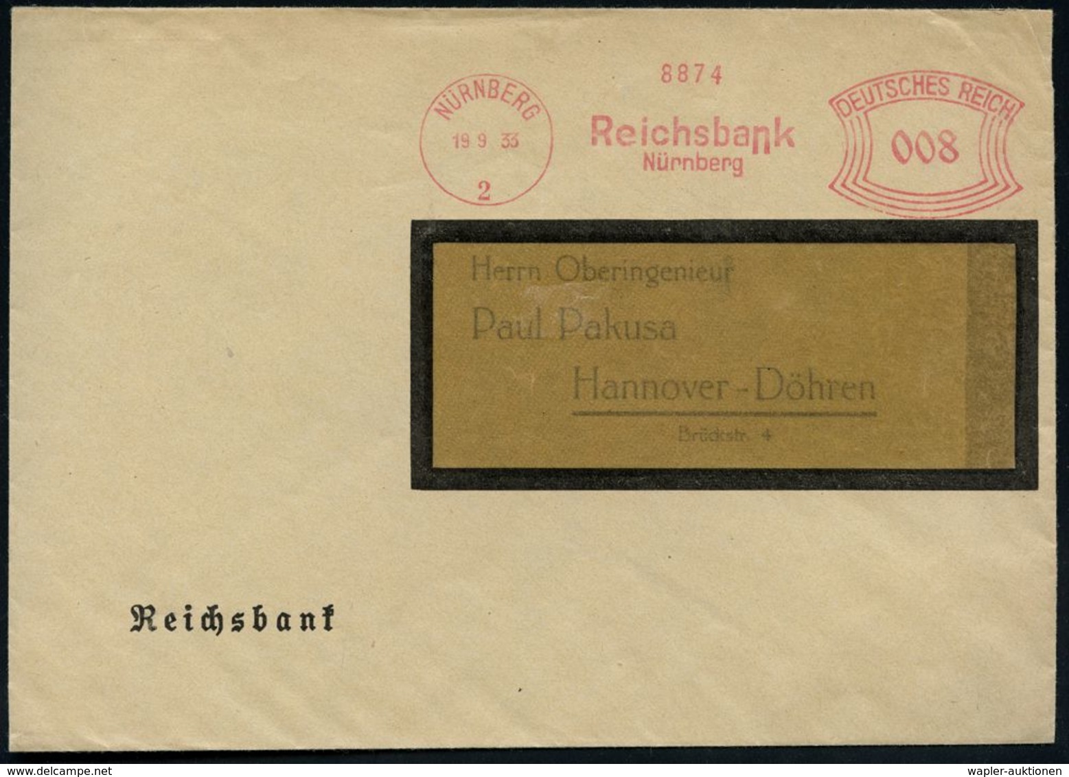 STAATSBANKEN / REICHSBANK / BUNDESBANK : NÜRNBERG/ 2/ Reichsbank 1933 (19.9.) AFS Auf Dienst-Bf.: Reichsbank (Dü.E-1CAh) - Non Classificati