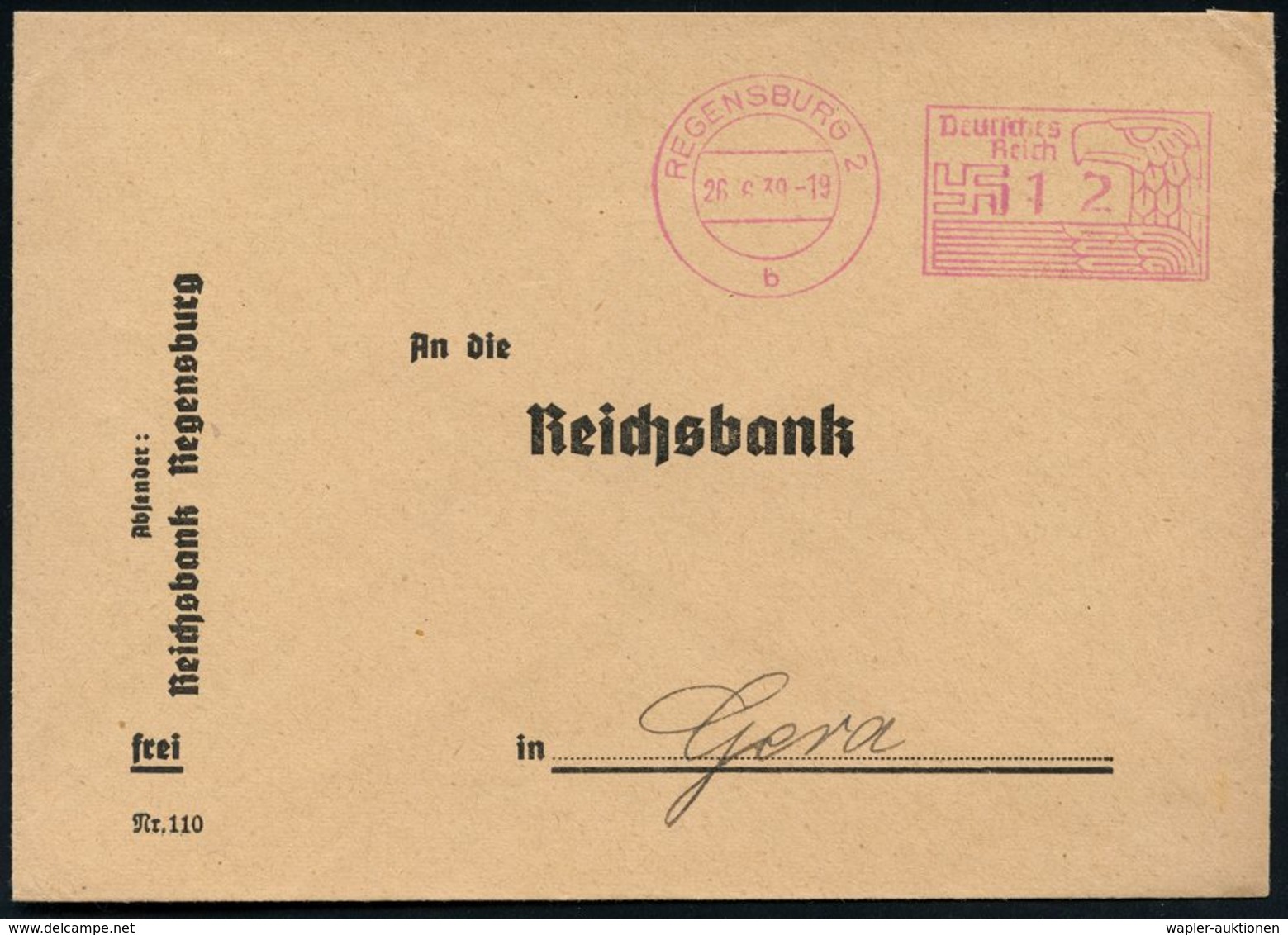 STAATSBANKEN / REICHSBANK / BUNDESBANK : REGENSBURG 2/ B/ Deutsches/ Reich 1939 (26.6.) PFS 12 Pf. Hakenkreuz/Adler = Br - Non Classés