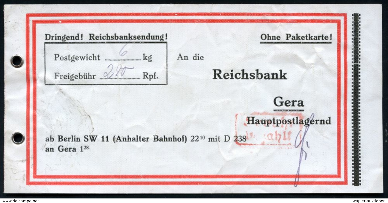 STAATSBANKEN / REICHSBANK / BUNDESBANK : DEUTSCHES REICH 1930 (ca.) Vorbindezettel: Dringend! Reichsbanksendung! "Ohne P - Non Classés