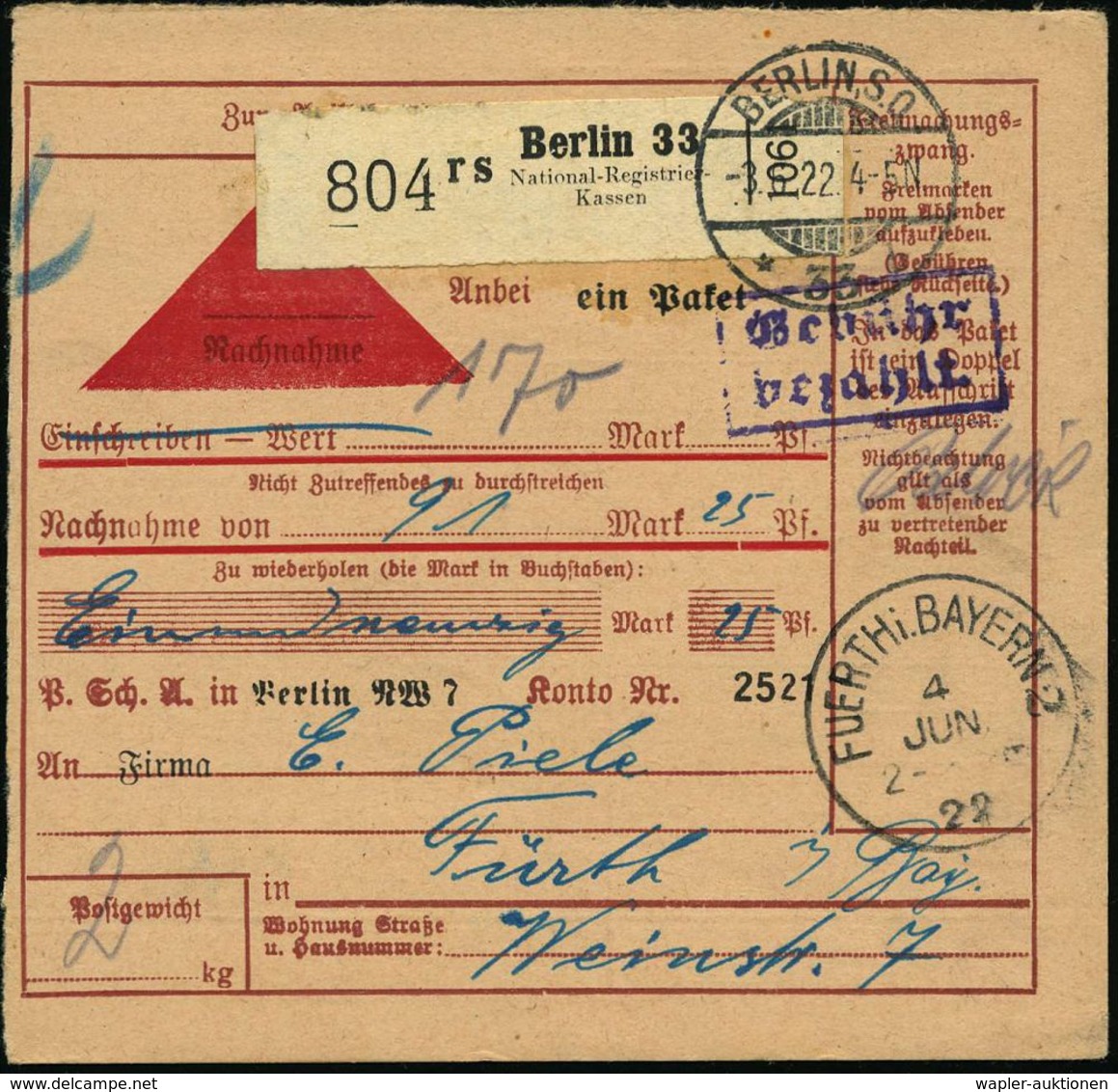 NUMISPHILATELIE / GELDSCHEINE / MÜNZEN : Berlin 33/ Rs/ National-Registrier-/ Kassen 1922 (3.6.) Selbstbucher-Paketzette - Ohne Zuordnung