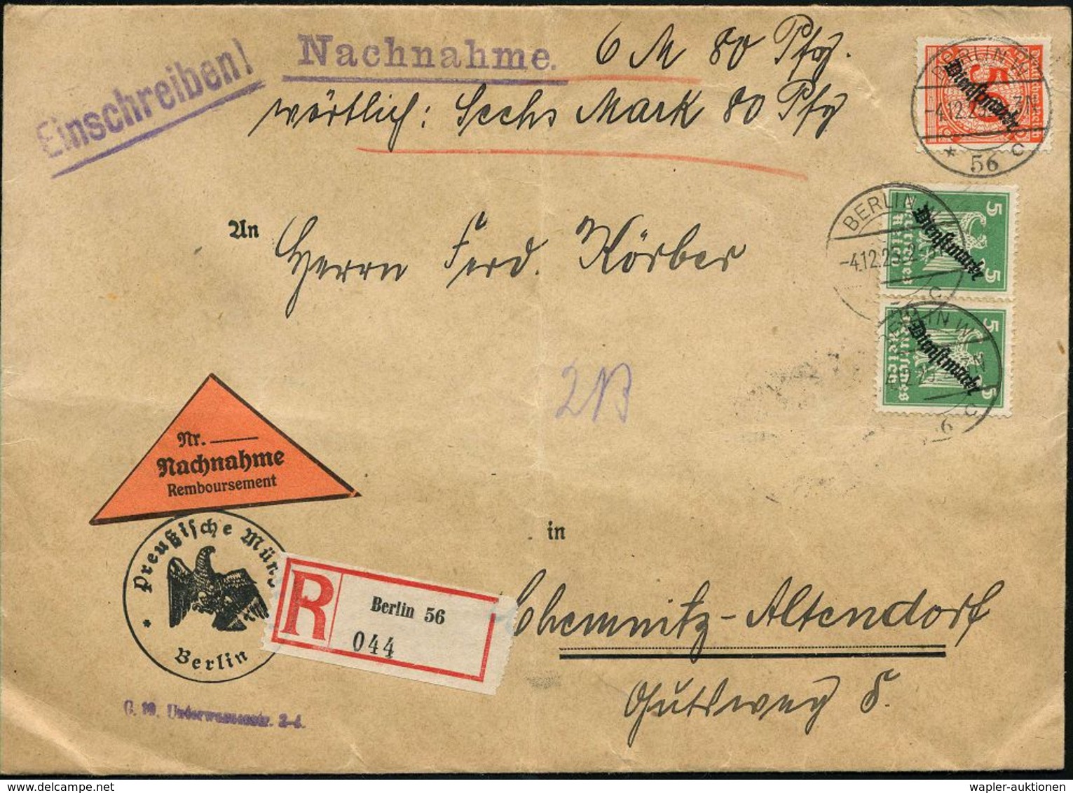 NUMISPHILATELIE / GELDSCHEINE / MÜNZEN : BERLIN W/ *56c 1925 (4.12.) 1K-Brücke Auf Dienst 5 Pf. Adler (2x) + 50 Pf. Korb - Ohne Zuordnung