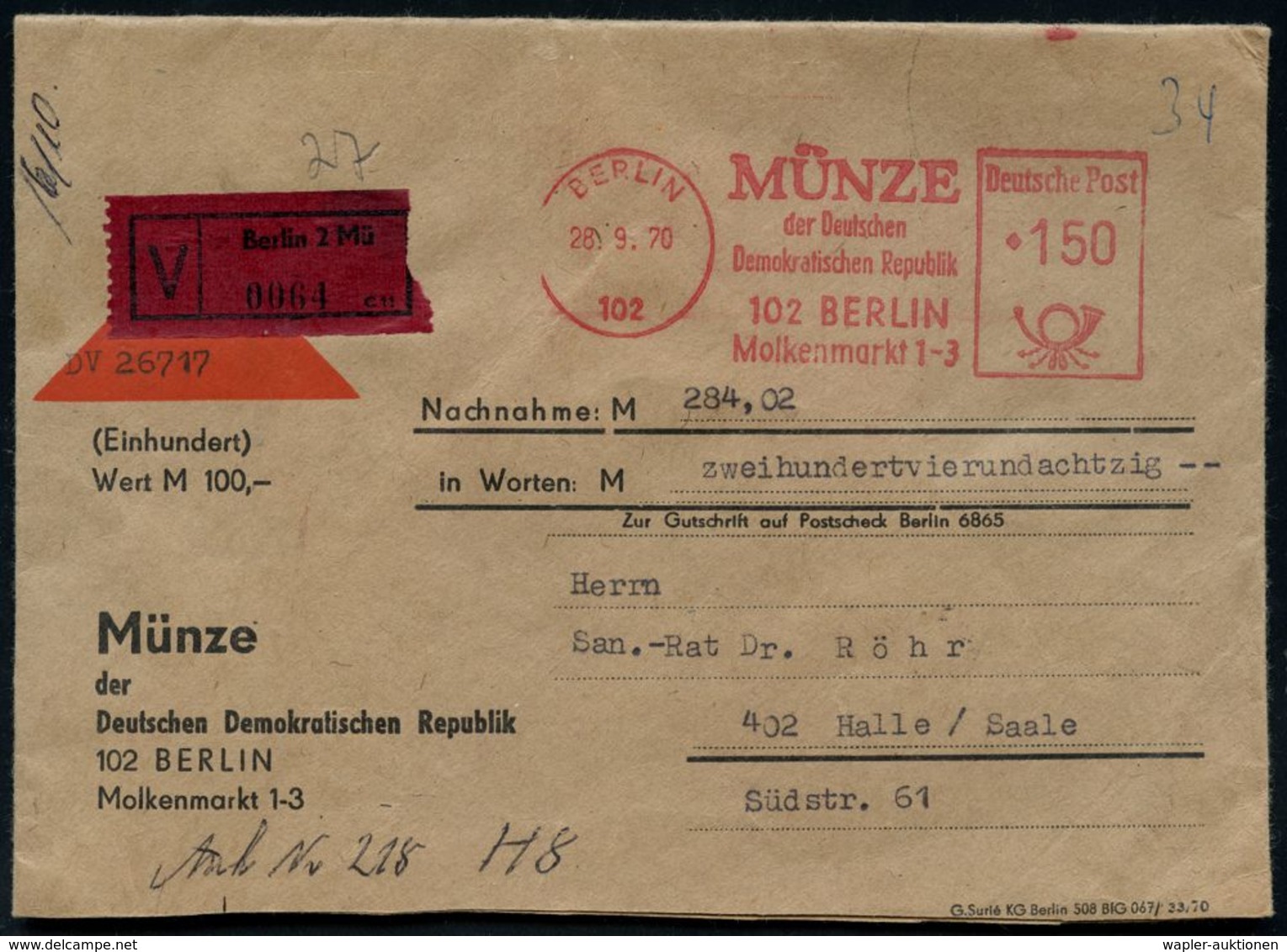 NUMISPHILATELIE / GELDSCHEINE / MÜNZEN : 102 BERLIN/ MÜNZER/ Der Deutschen/ Demokratischen Republik.. 1970 (28.9.) AFS 1 - Non Classés