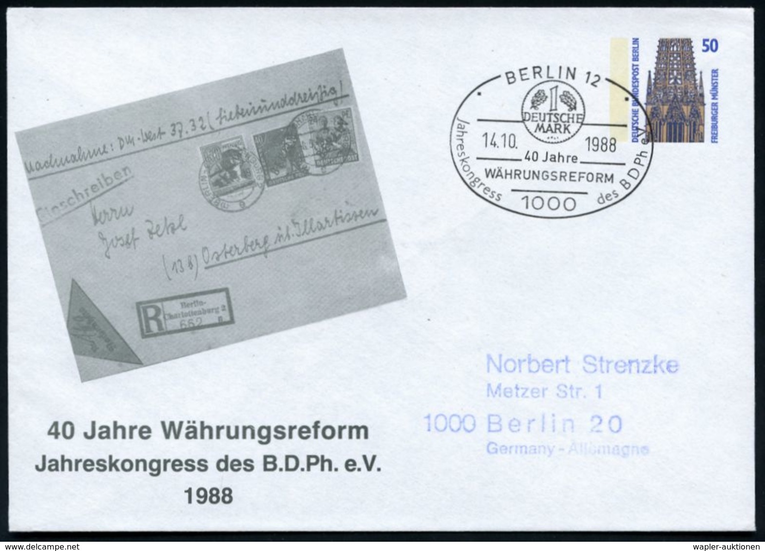 NUMISPHILATELIE / GELDSCHEINE / MÜNZEN : 1000 BERLIN 12/ 40 Hahre/ WÄHRUNGSREFORM.. 1988 (14.10.) SSt = 1.- DM Auf Passe - Non Classés