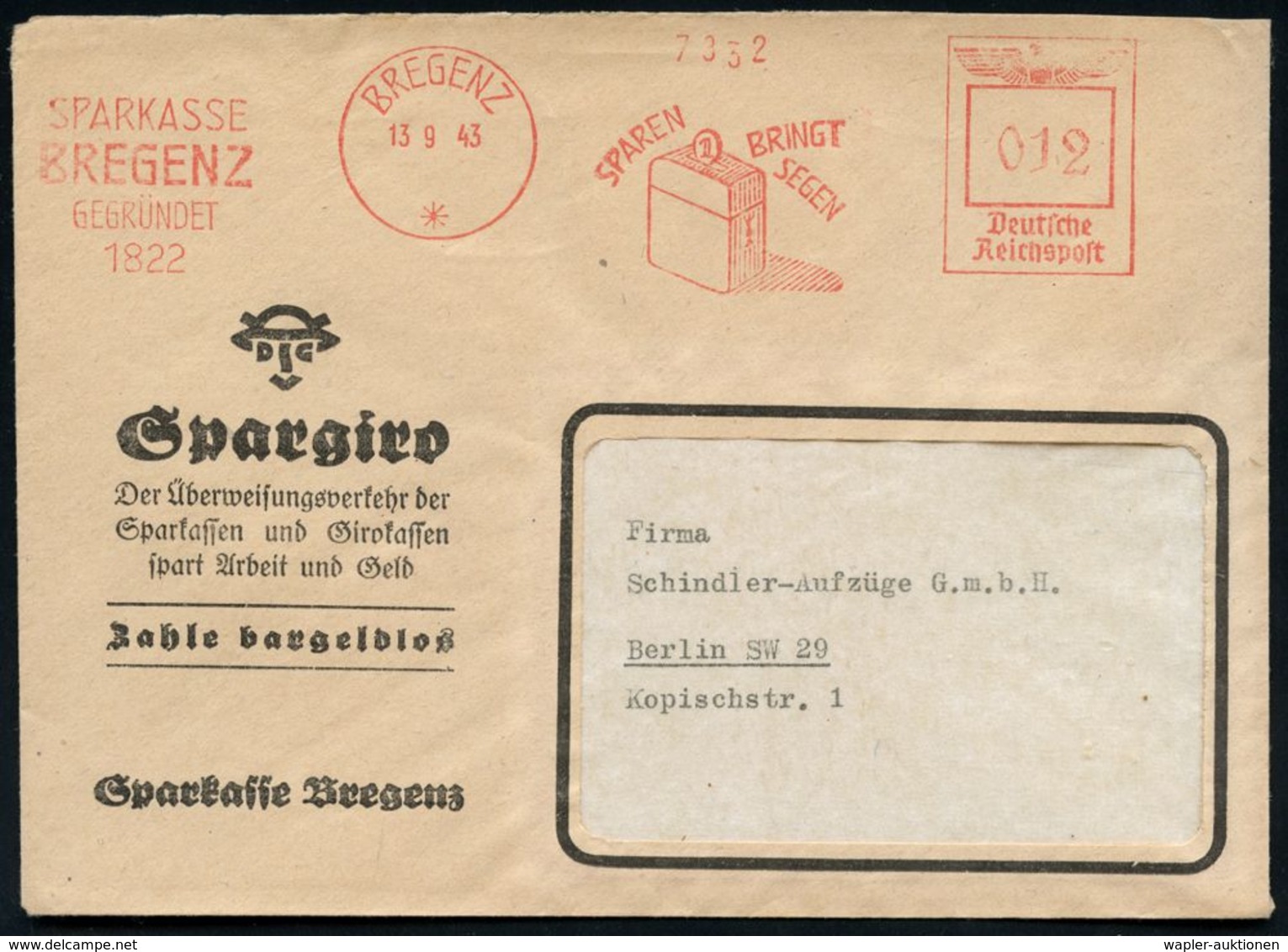 NUMISPHILATELIE / GELDSCHEINE / MÜNZEN : BREGENZ/ */ SPARKASSE/ BREGENZ/ GEGRÜNDET/ 1822/ SPAREN/ BRINGT/ SEGEN 1943 (13 - Ohne Zuordnung