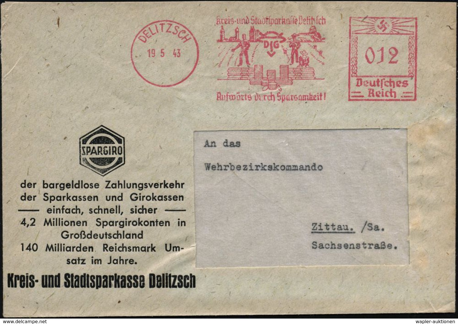 NUMISPHILATELIE / GELDSCHEINE / MÜNZEN : DELITZSCH/ Kreis-u.Stadtsparkasse.. 1943 (19.5.) Dekorat. AFS = Gestapelte Bank - Ohne Zuordnung