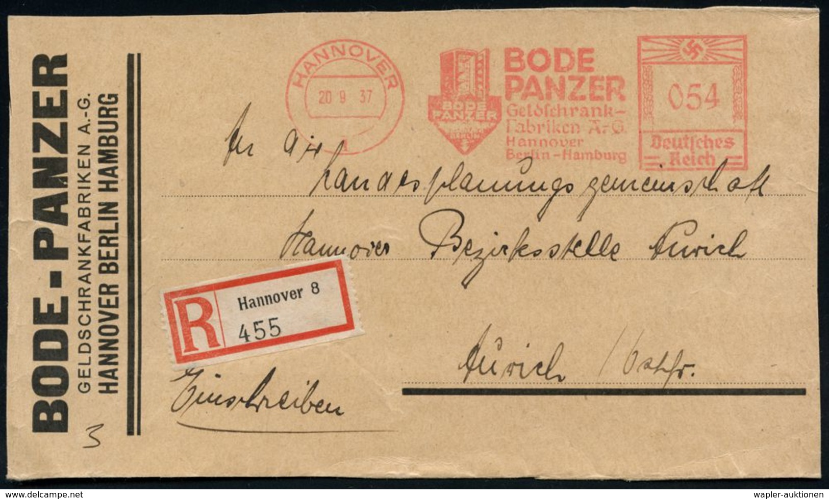 NUMISPHILATELIE / GELDSCHEINE / MÜNZEN : HANNOVER/ 1/ BODE/ PANZER/ Geldschrank-/ Fabriken AG.. 1937 (20.9.) AFS 054 Pf. - Unclassified